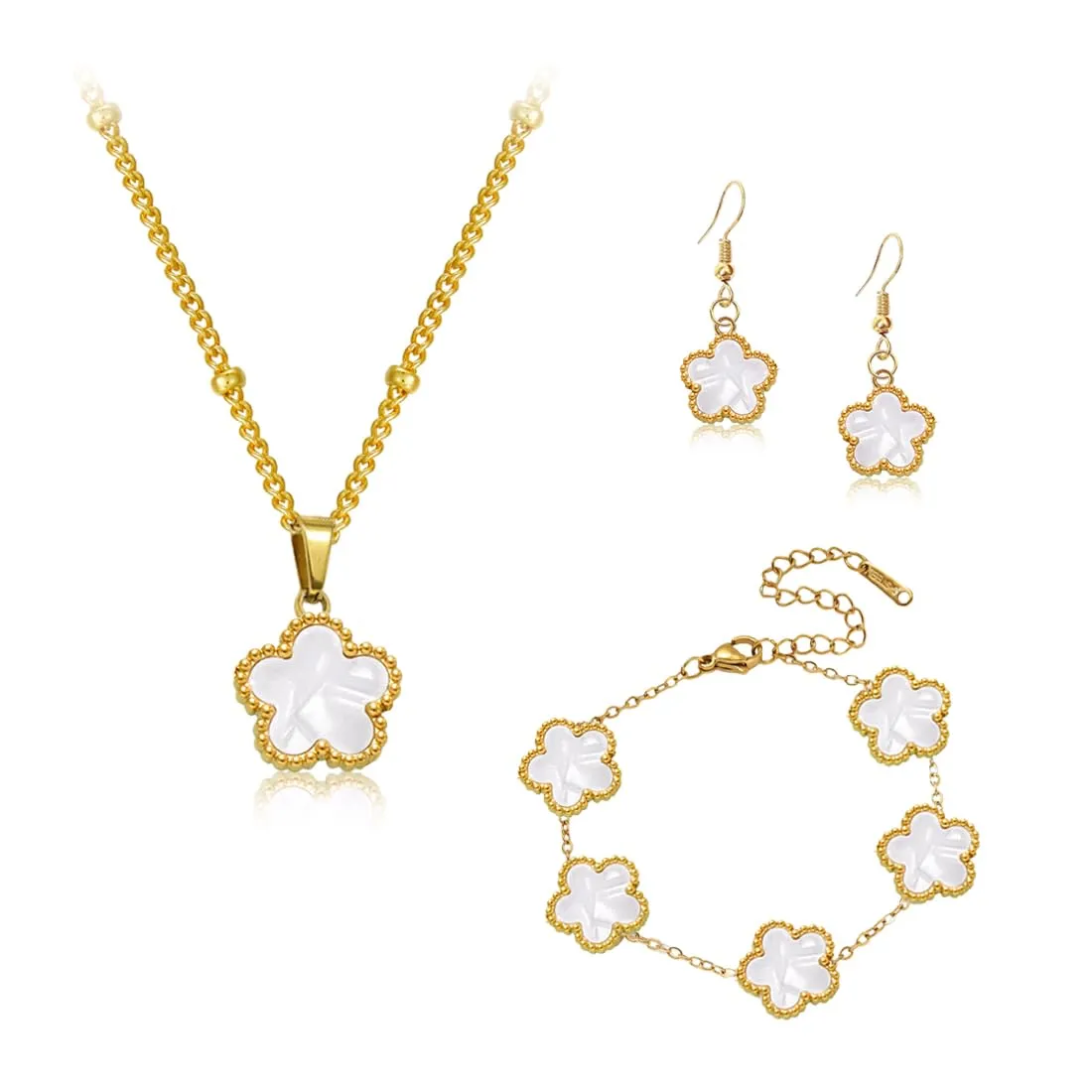 Parure Gioielli Quadrifoglio da Donna Ragazze 18K Placcato Acciaio Inossidabile Ciondolo a Due Lati Fortunato Quadrifoglio Collana Orecchini Bracciali a Forma di Cinque Foglie Set di Gioielli (Bianco) - immagine 1
