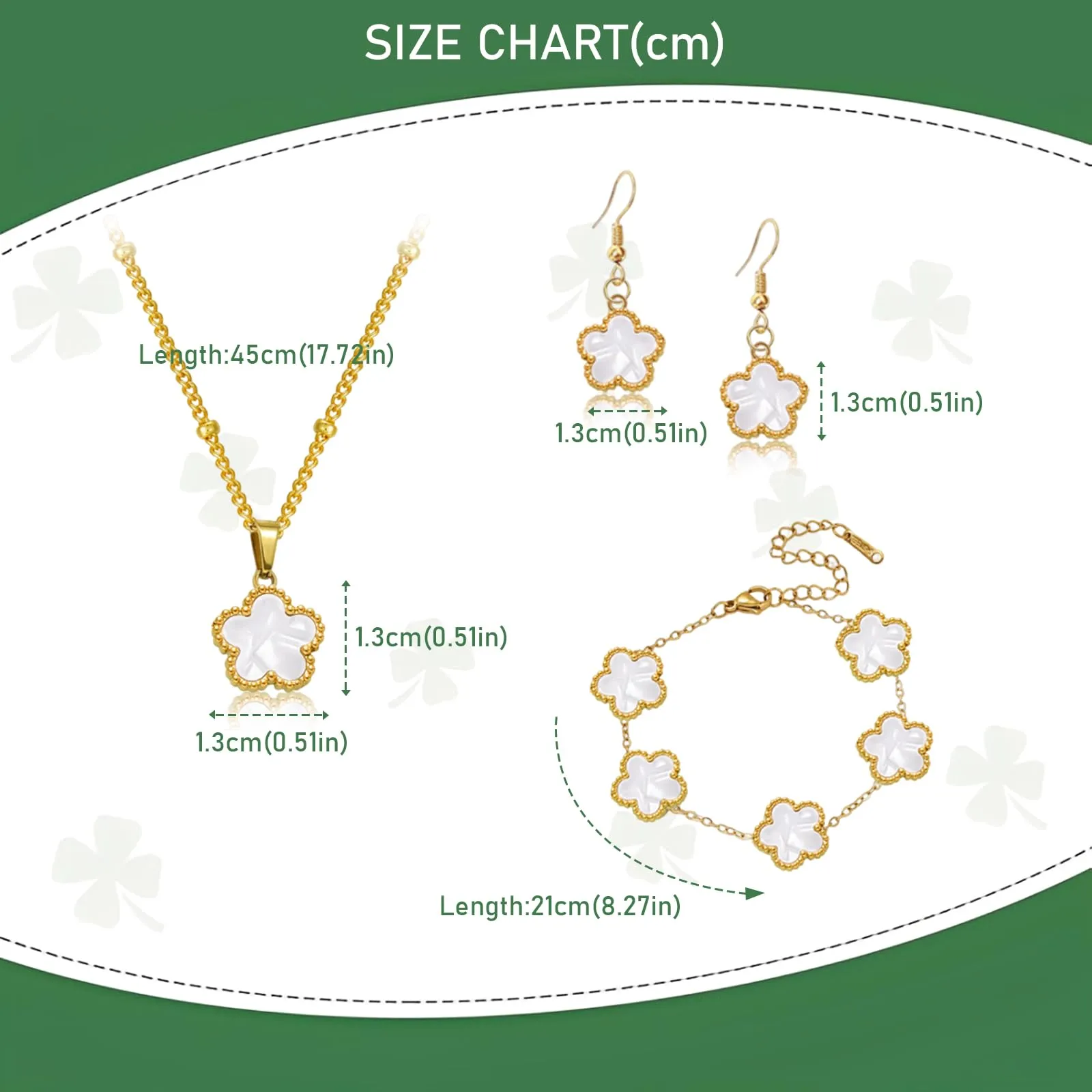 Parure Gioielli Quadrifoglio da Donna Ragazze 18K Placcato Acciaio Inossidabile Ciondolo a Due Lati Fortunato Quadrifoglio Collana Orecchini Bracciali a Forma di Cinque Foglie Set di Gioielli (Bianco) - immagine 2