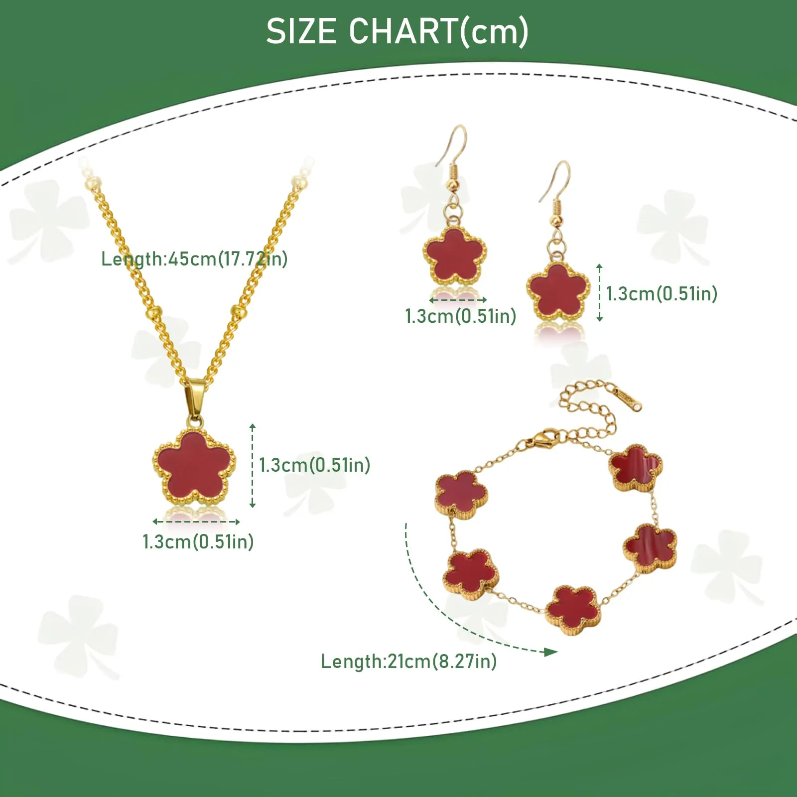 Parure Gioielli Quadrifoglio da Donna Ragazze 18K Placcato Acciaio Inossidabile Ciondolo a Due Lati Fortunato Quadrifoglio Collana Orecchini Bracciali a Forma di Cinque Foglie Set di Gioielli (Rosso) - immagine 2