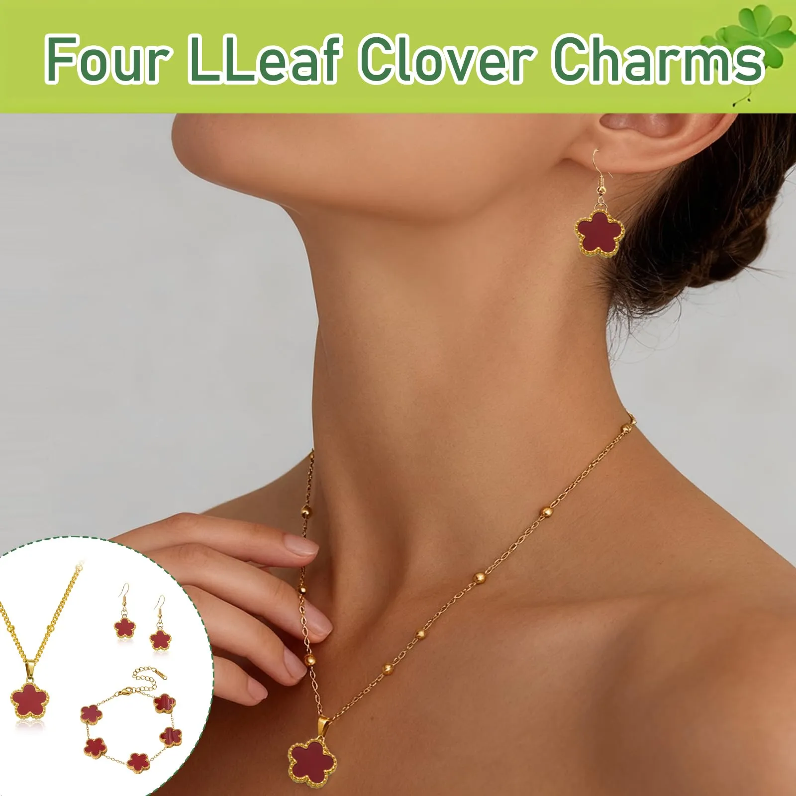 Parure Gioielli Quadrifoglio da Donna Ragazze 18K Placcato Acciaio Inossidabile Ciondolo a Due Lati Fortunato Quadrifoglio Collana Orecchini Bracciali a Forma di Cinque Foglie Set di Gioielli (Rosso) - immagine 3