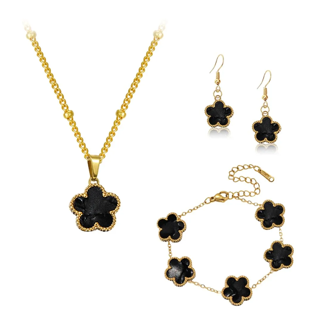 Parure Gioielli Quadrifoglio da Donna Ragazze 18K Placcato Acciaio Inossidabile Ciondolo a Due Lati Fortunato Quadrifoglio Collana Orecchini Bracciali a Forma di Cinque Foglie Set di Gioielli (Nero) - immagine 1