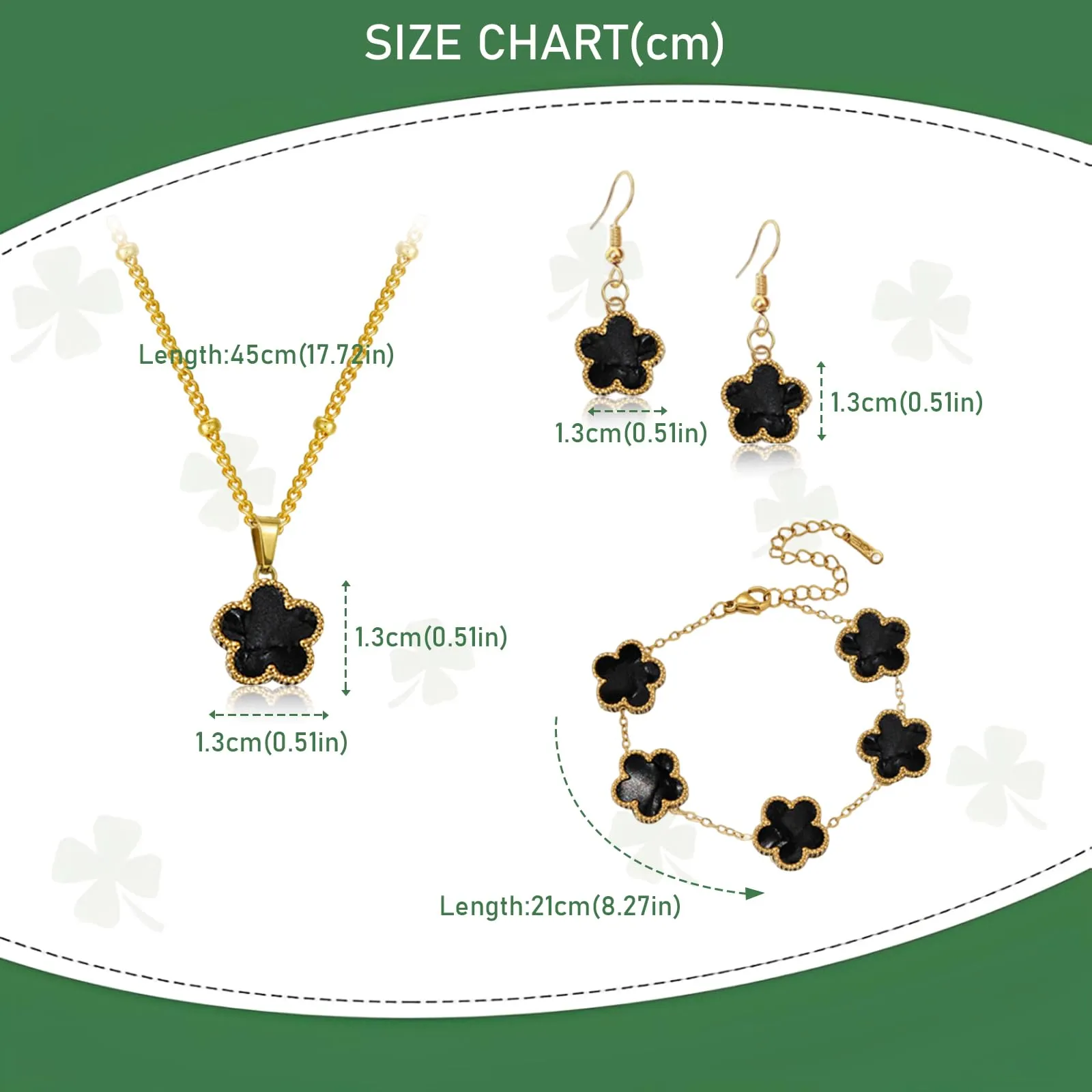 Parure Gioielli Quadrifoglio da Donna Ragazze 18K Placcato Acciaio Inossidabile Ciondolo a Due Lati Fortunato Quadrifoglio Collana Orecchini Bracciali a Forma di Cinque Foglie Set di Gioielli (Nero) - immagine 2