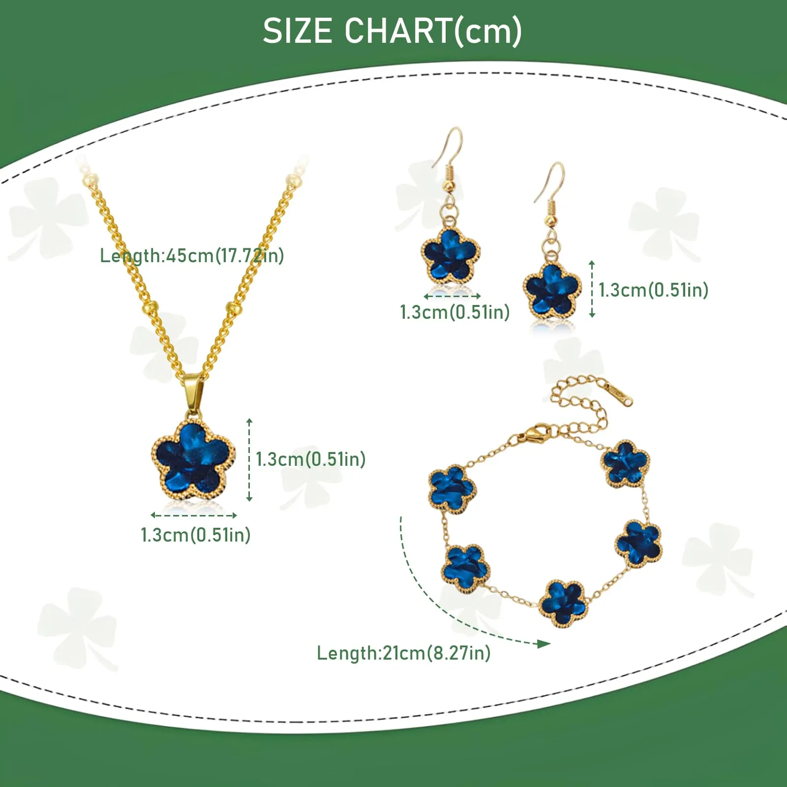 Parure Gioielli Quadrifoglio da Donna Ragazze 18K Placcato Acciaio Inossidabile Ciondolo a Due Lati Fortunato Quadrifoglio Collana Orecchini Bracciali a Forma di Cinque Foglie Set di Gioielli (Blu) - immagine 2