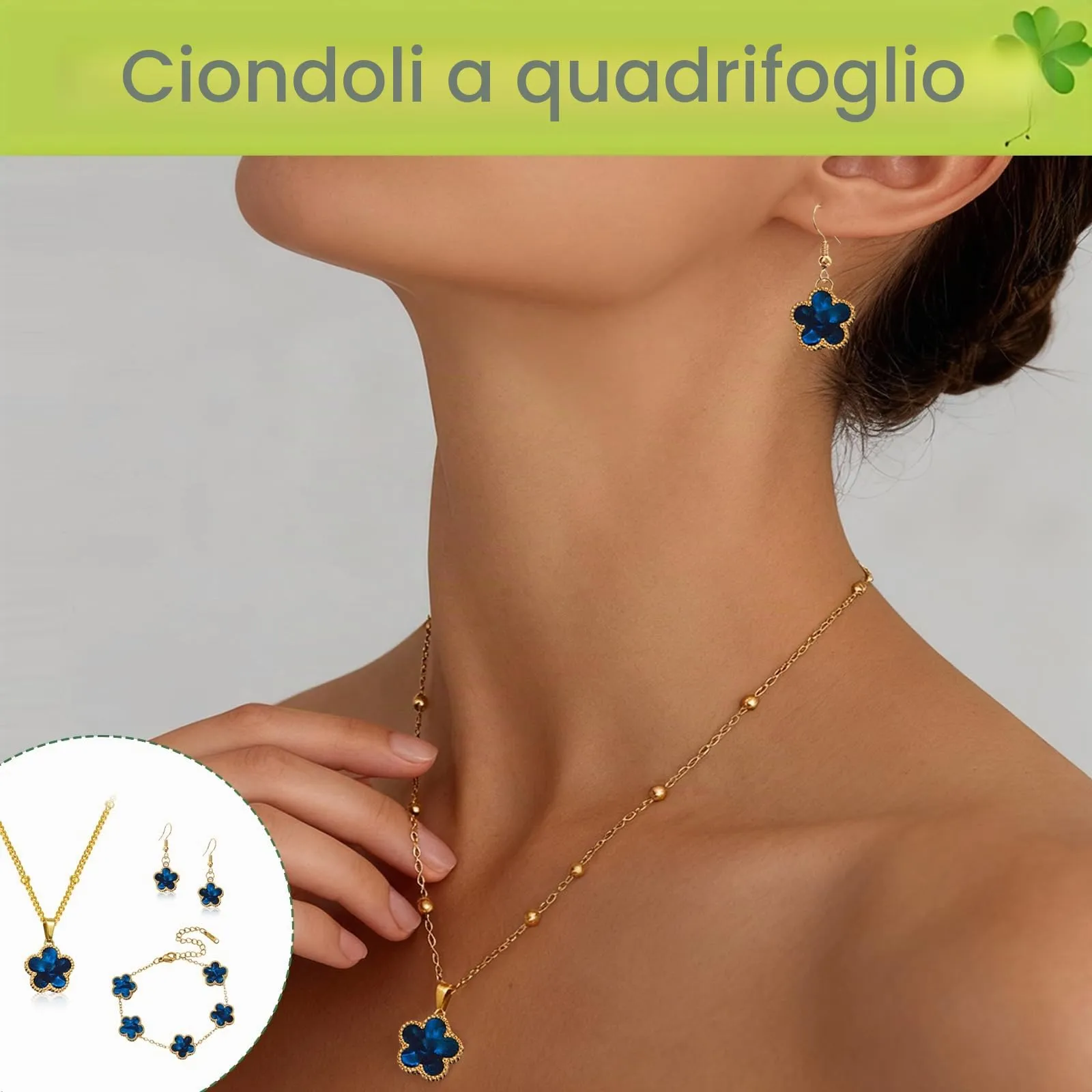 Parure Gioielli Quadrifoglio da Donna Ragazze 18K Placcato Acciaio Inossidabile Ciondolo a Due Lati Fortunato Quadrifoglio Collana Orecchini Bracciali a Forma di Cinque Foglie Set di Gioielli (Blu) - immagine 3