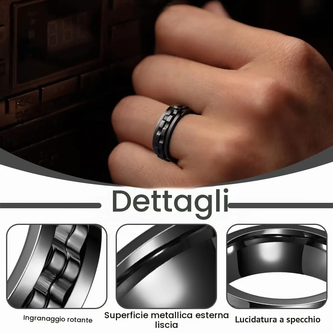 YAZWUR 1 Pezzo Fidget Ring, Anello Antistress e Anti-Ansia, Anello Rotante Pesante Lucido, Accessorio Moda, Regalo per Uomo e Donna (8 mm, 59,5 mm) (Nero) - immagine 3