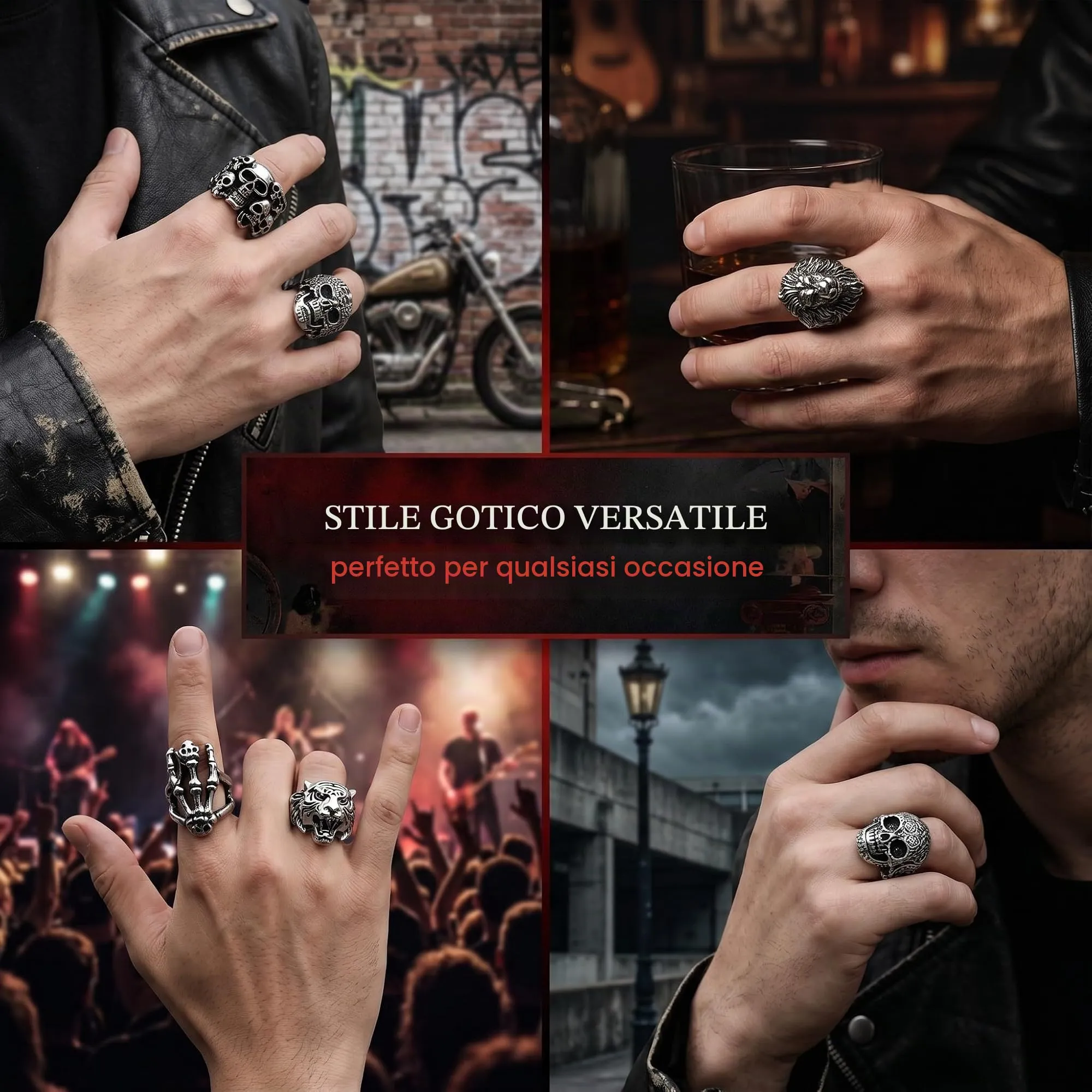 VEOIRXU 6 Pezzi Anelli Uomo Regolabili Teschio Anelli Acciaio Inossidabile Punk Hip Hop Skull Halloween Anello Vintage Gotico Teschio Anello Accessori Da Uomo Regali Per Uomo - immagine 5