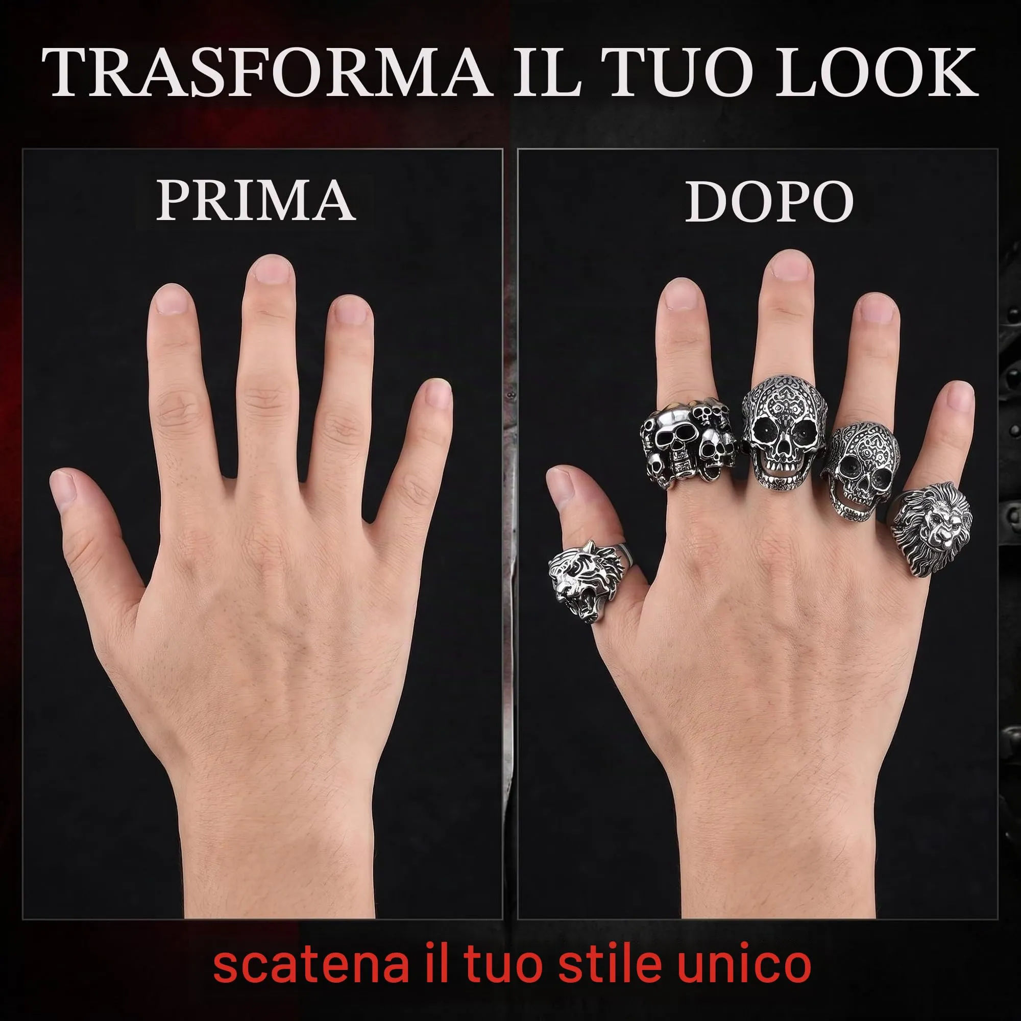VEOIRXU 6 Pezzi Anelli Uomo Regolabili Teschio Anelli Acciaio Inossidabile Punk Hip Hop Skull Halloween Anello Vintage Gotico Teschio Anello Accessori Da Uomo Regali Per Uomo - immagine 6