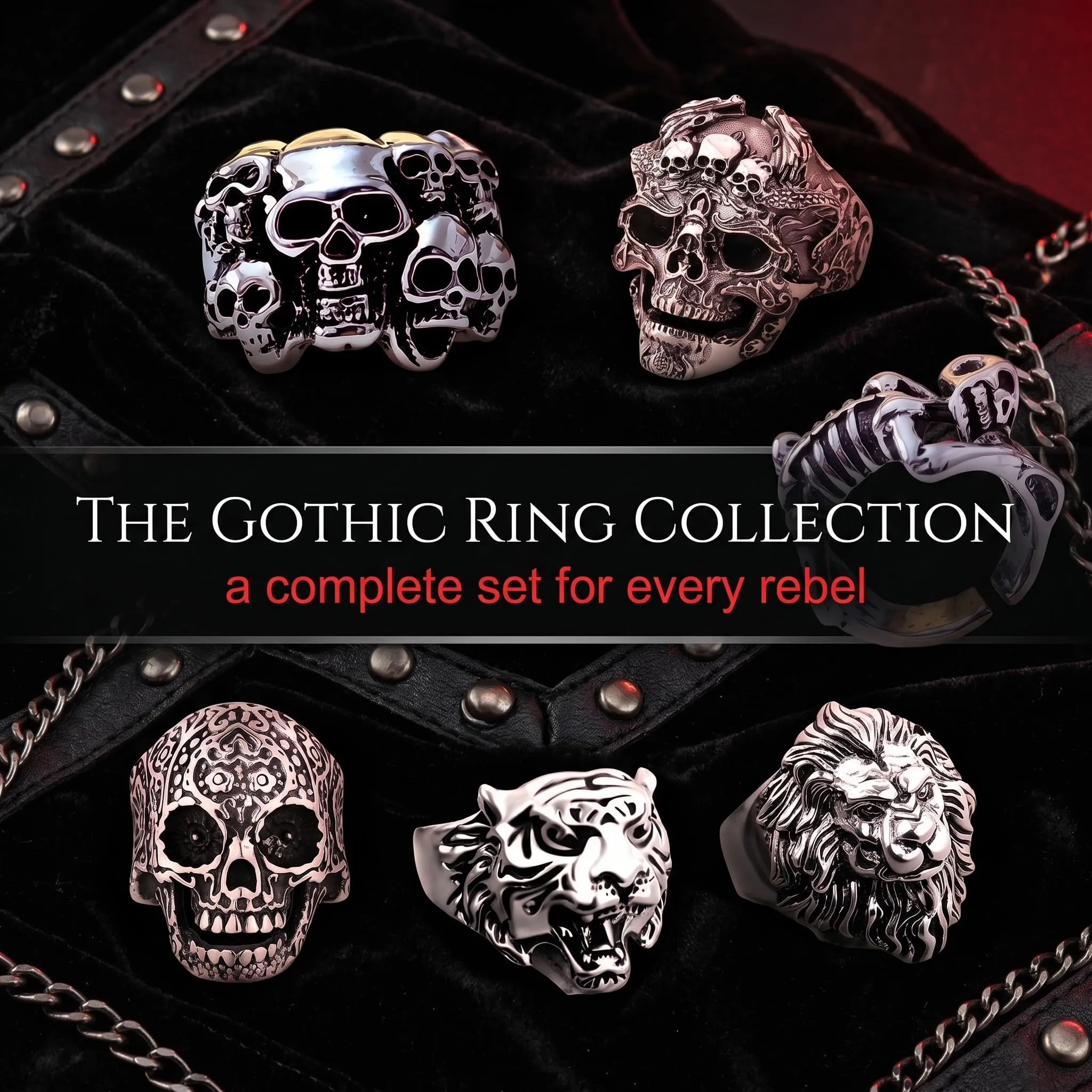 VEOIRXU 6 Pezzi Anelli Uomo Regolabili Teschio Anelli Acciaio Inossidabile Punk Hip Hop Skull Halloween Anello Vintage Gotico Teschio Anello Accessori Da Uomo Regali Per Uomo - immagine 8
