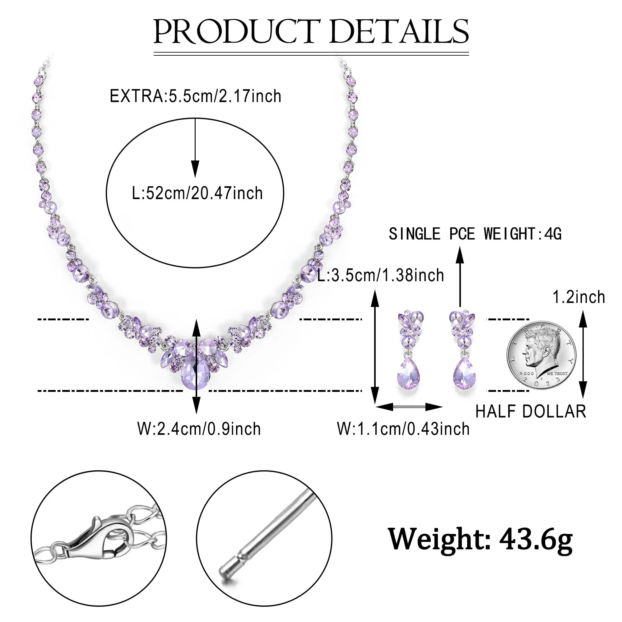EVER FAITH Parure di gioielli da donna con cristalli austriaci, set di collana e orecchini a goccia, motivo floreale, 57 cm, cristallo - immagine 7