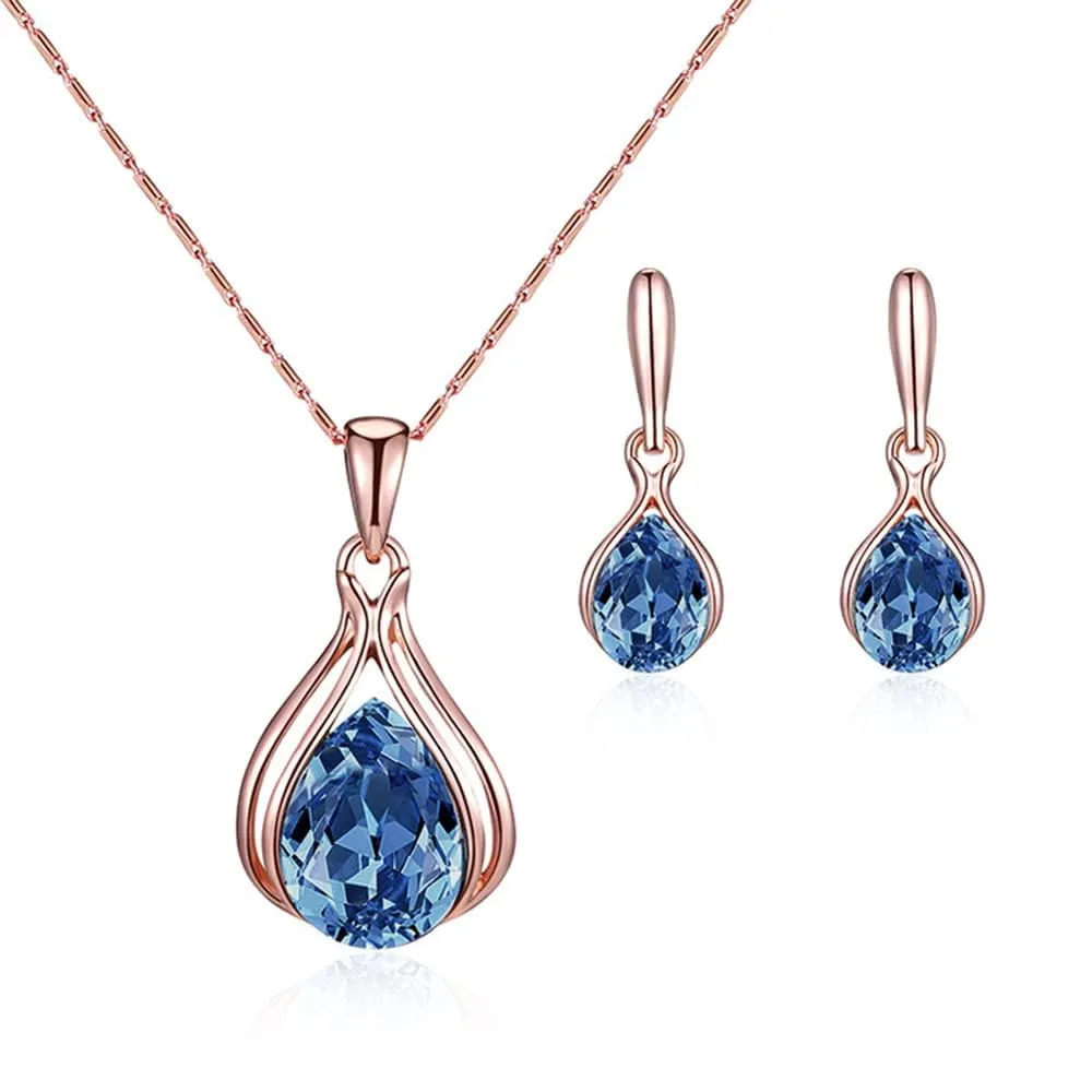 BWOOOWE Parure Gioielli Donna 2 Pezzi Set Collana Orecchini Donna a Goccia Collana con Ciondolo Orecchini Pendenti a Goccia Set Gioielli da Sposa Elegante per Cerimonia Festa (Blu) - immagine 1