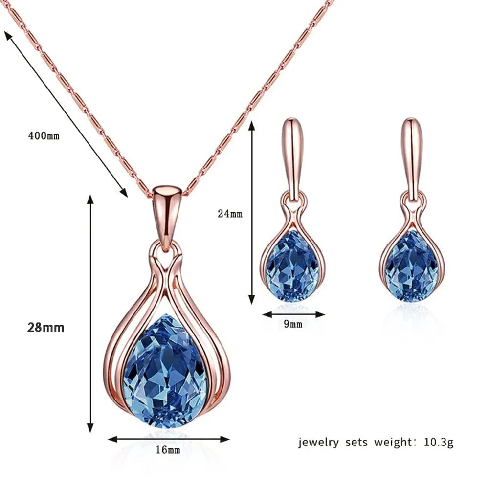 BWOOOWE Parure Gioielli Donna 2 Pezzi Set Collana Orecchini Donna a Goccia Collana con Ciondolo Orecchini Pendenti a Goccia Set Gioielli da Sposa Elegante per Cerimonia Festa (Blu) - immagine 2