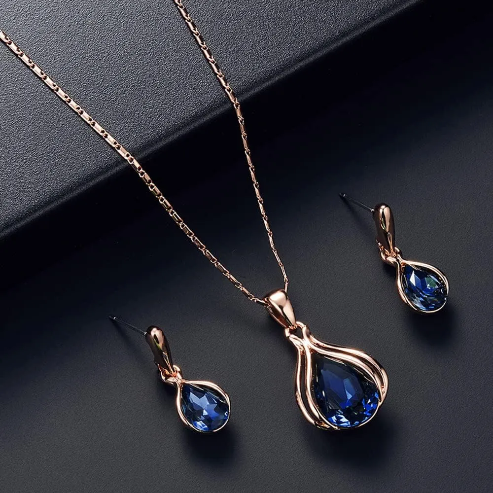 BWOOOWE Parure Gioielli Donna 2 Pezzi Set Collana Orecchini Donna a Goccia Collana con Ciondolo Orecchini Pendenti a Goccia Set Gioielli da Sposa Elegante per Cerimonia Festa (Blu) - immagine 6