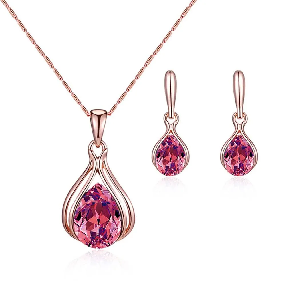 BWOOOWE Parure Gioielli Donna 2 Pezzi Set Collana Orecchini Donna a Goccia Collana con Ciondolo Orecchini Pendenti a Goccia Set Gioielli da Sposa Elegante per Cerimonia Festa (Rosso) - immagine 1