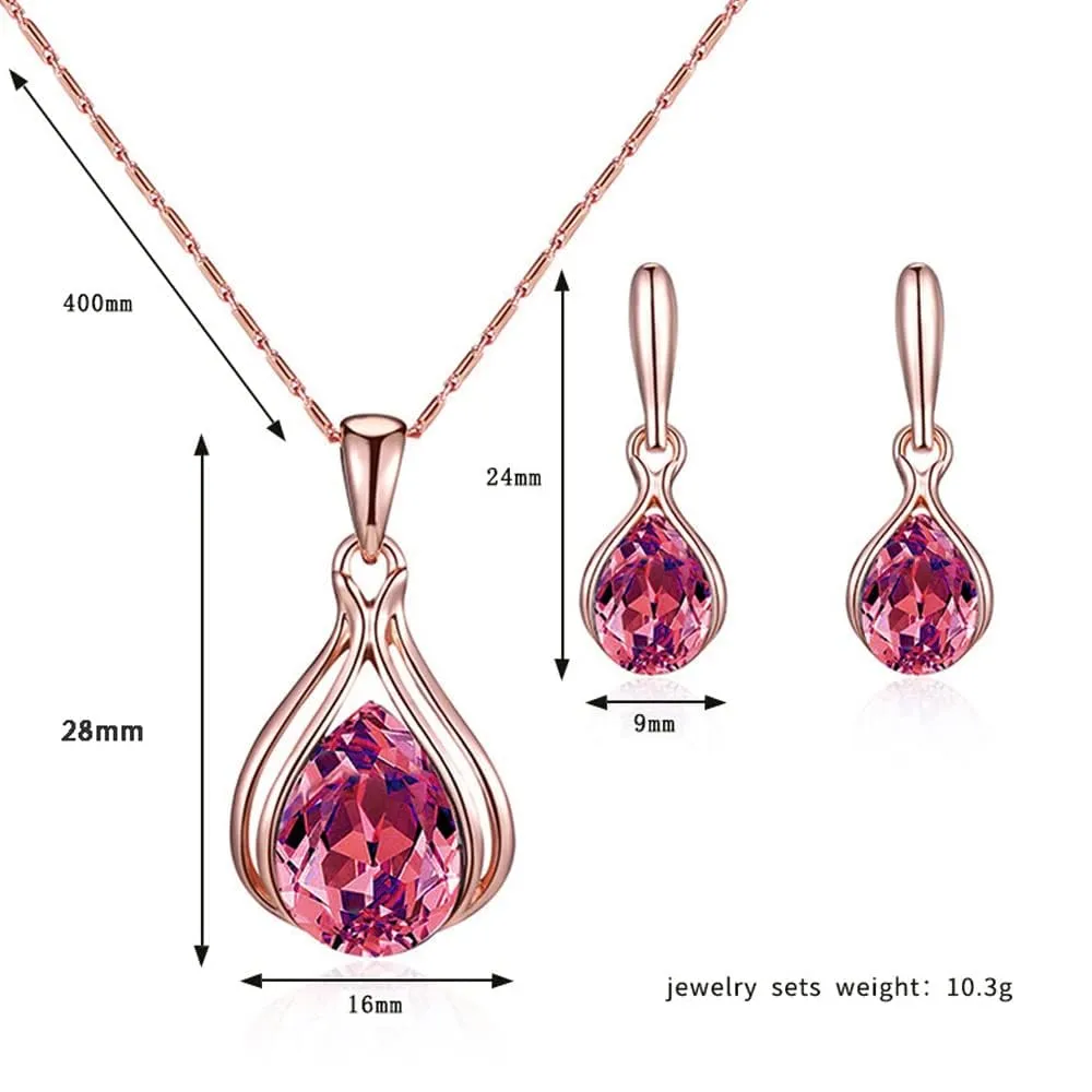 BWOOOWE Parure Gioielli Donna 2 Pezzi Set Collana Orecchini Donna a Goccia Collana con Ciondolo Orecchini Pendenti a Goccia Set Gioielli da Sposa Elegante per Cerimonia Festa (Rosso) - immagine 2