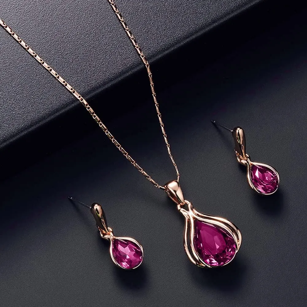 BWOOOWE Parure Gioielli Donna 2 Pezzi Set Collana Orecchini Donna a Goccia Collana con Ciondolo Orecchini Pendenti a Goccia Set Gioielli da Sposa Elegante per Cerimonia Festa (Rosso) - immagine 7