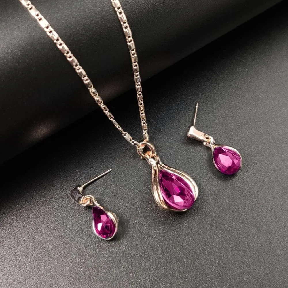 BWOOOWE Parure Gioielli Donna 2 Pezzi Set Collana Orecchini Donna a Goccia Collana con Ciondolo Orecchini Pendenti a Goccia Set Gioielli da Sposa Elegante per Cerimonia Festa (Rosso) - immagine 8