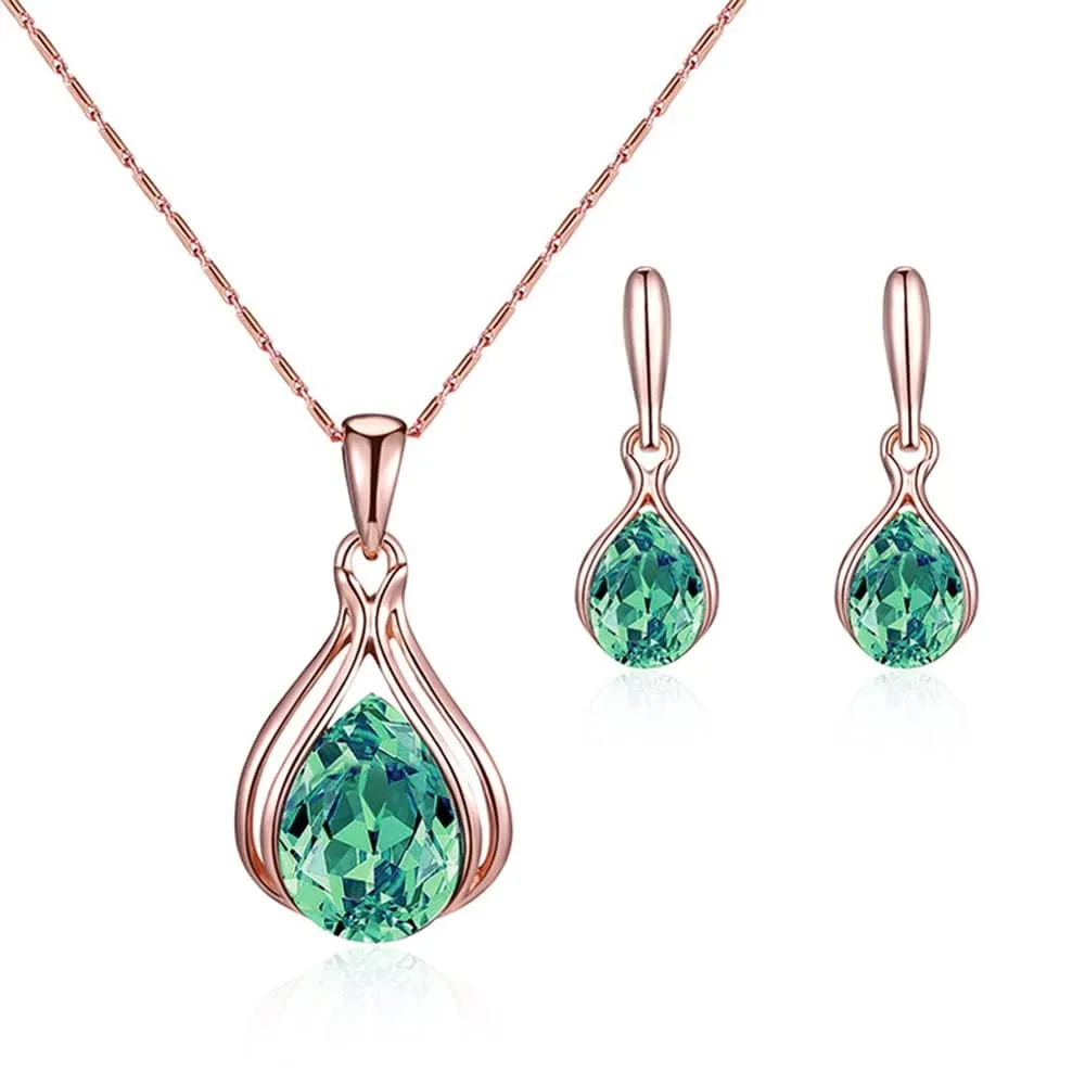 BWOOOWE Parure Gioielli Donna 2 Pezzi Set Collana Orecchini Donna a Goccia Collana con Ciondolo Orecchini Pendenti a Goccia Set Gioielli da Sposa Elegante per Cerimonia Festa (Verde) - immagine 1