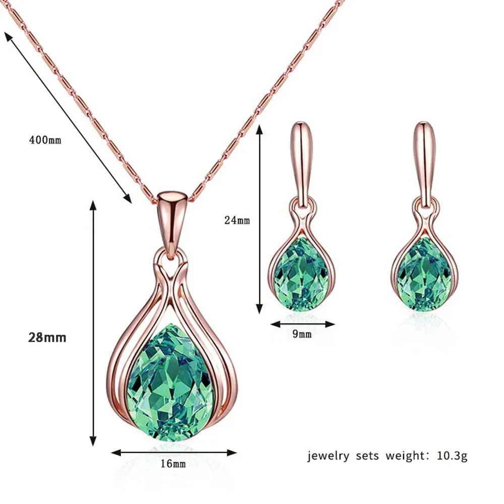 BWOOOWE Parure Gioielli Donna 2 Pezzi Set Collana Orecchini Donna a Goccia Collana con Ciondolo Orecchini Pendenti a Goccia Set Gioielli da Sposa Elegante per Cerimonia Festa (Verde) - immagine 2