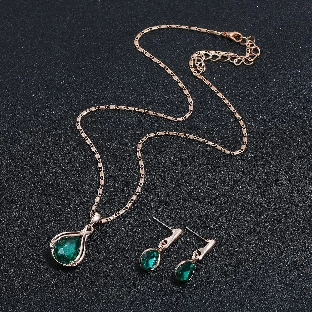 BWOOOWE Parure Gioielli Donna 2 Pezzi Set Collana Orecchini Donna a Goccia Collana con Ciondolo Orecchini Pendenti a Goccia Set Gioielli da Sposa Elegante per Cerimonia Festa (Verde) - immagine 6