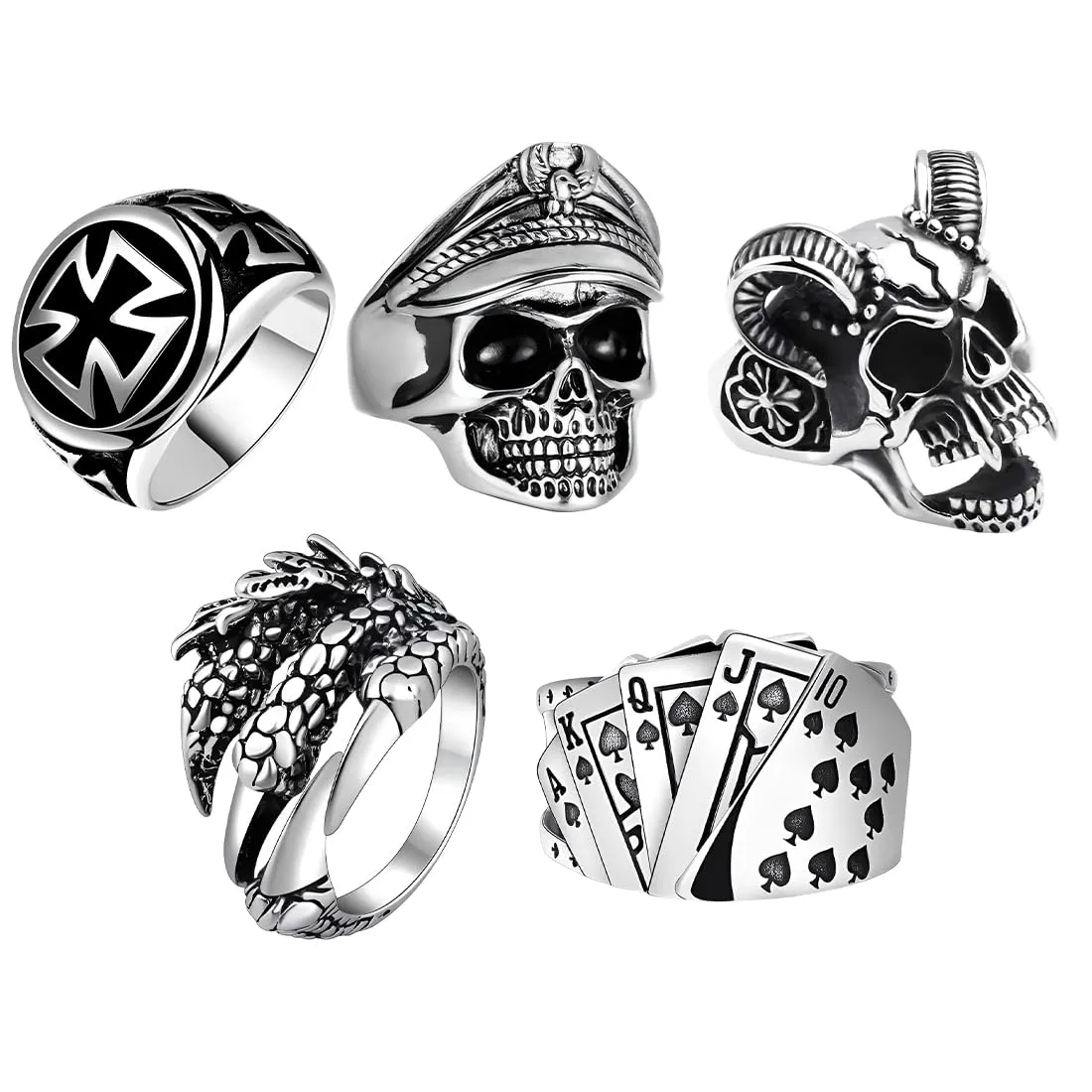 HAGNA 5 Pezzi Regolabili Teschio Anelli Lega, Anello Teschio Anelli Uomo, Punk Hip Hop Skull Halloween Anello, Vintage Gotico Teschio Anello (B) - immagine 1