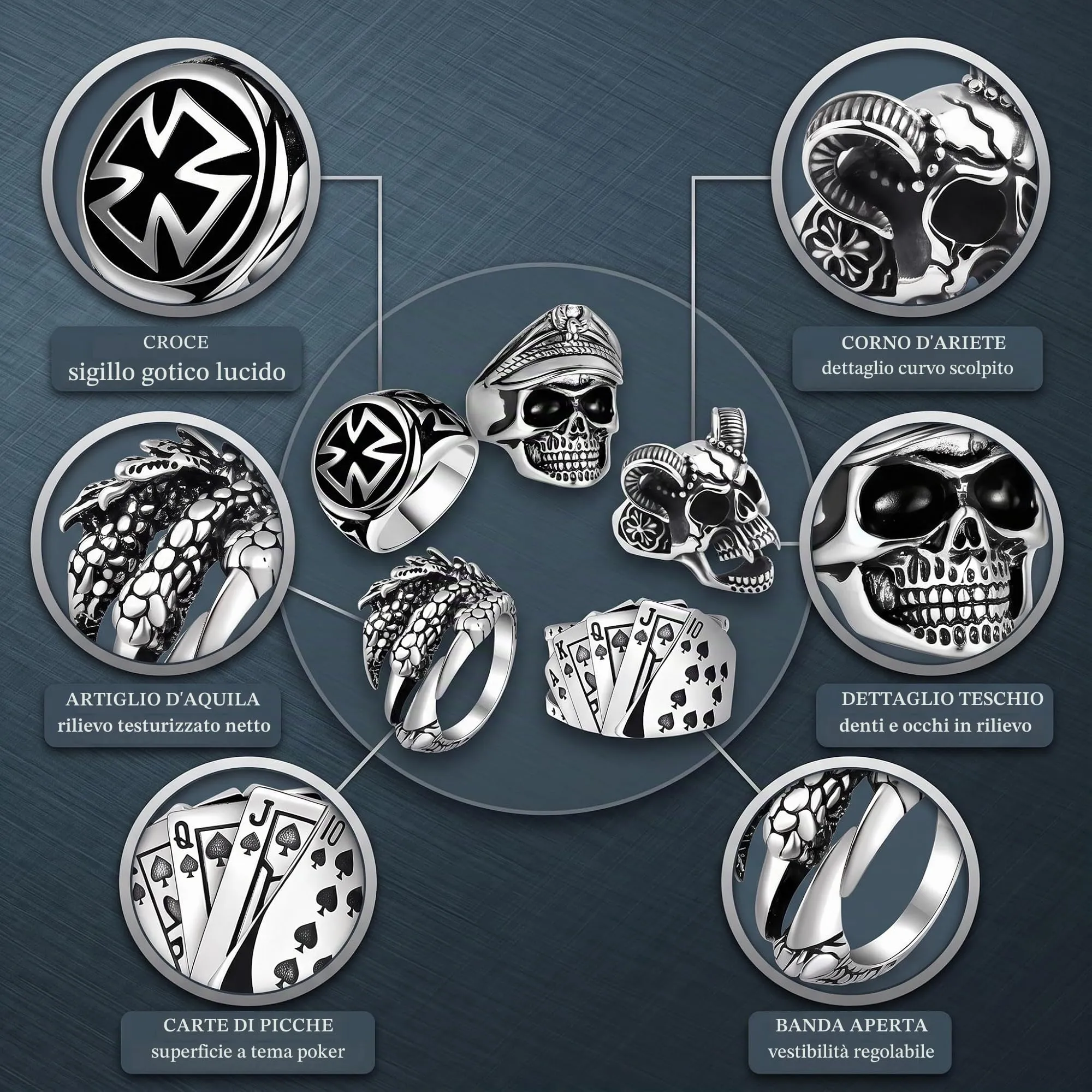 HAGNA 5 Pezzi Regolabili Teschio Anelli Lega, Anello Teschio Anelli Uomo, Punk Hip Hop Skull Halloween Anello, Vintage Gotico Teschio Anello (B) - immagine 2