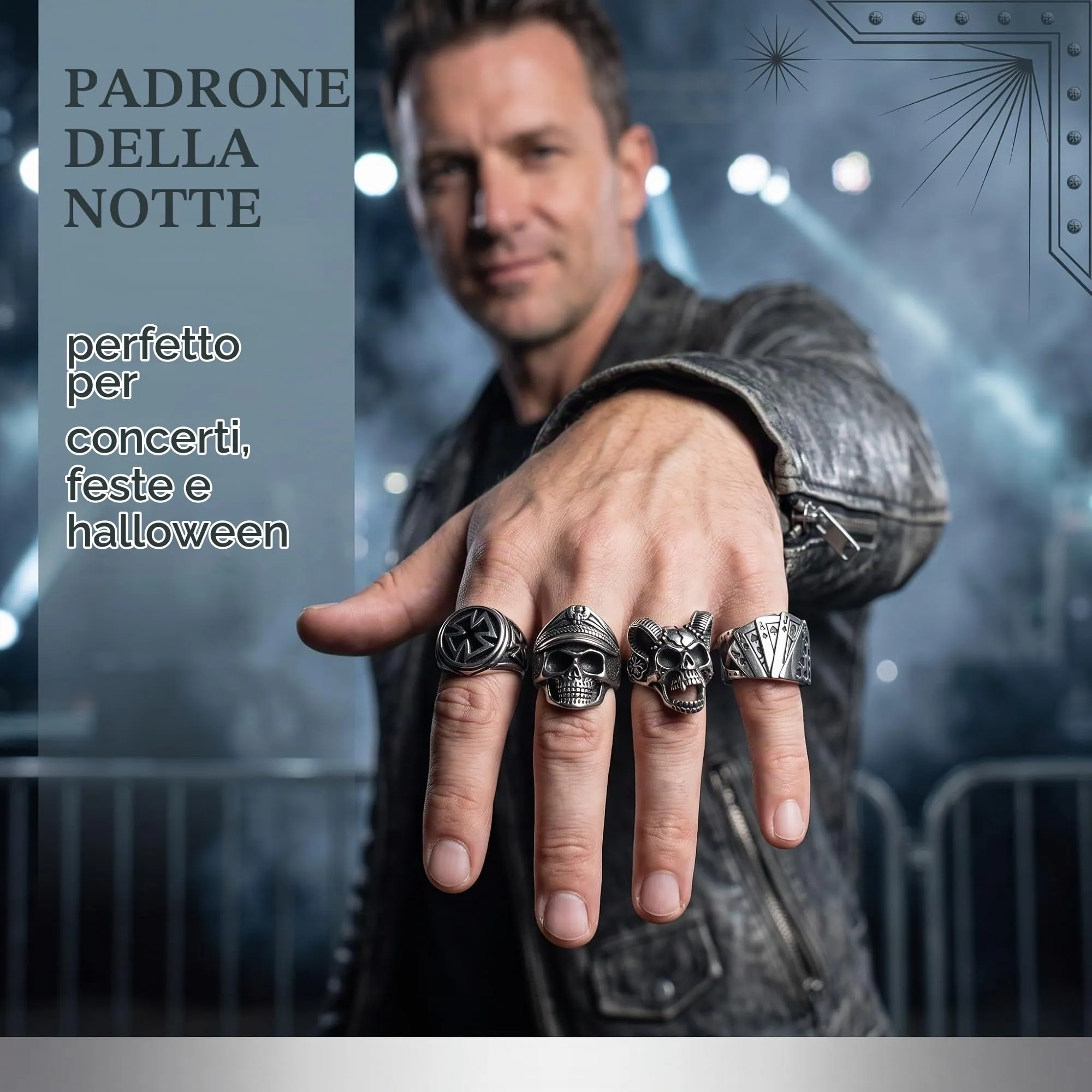 HAGNA 5 Pezzi Regolabili Teschio Anelli Lega, Anello Teschio Anelli Uomo, Punk Hip Hop Skull Halloween Anello, Vintage Gotico Teschio Anello (B) - immagine 4