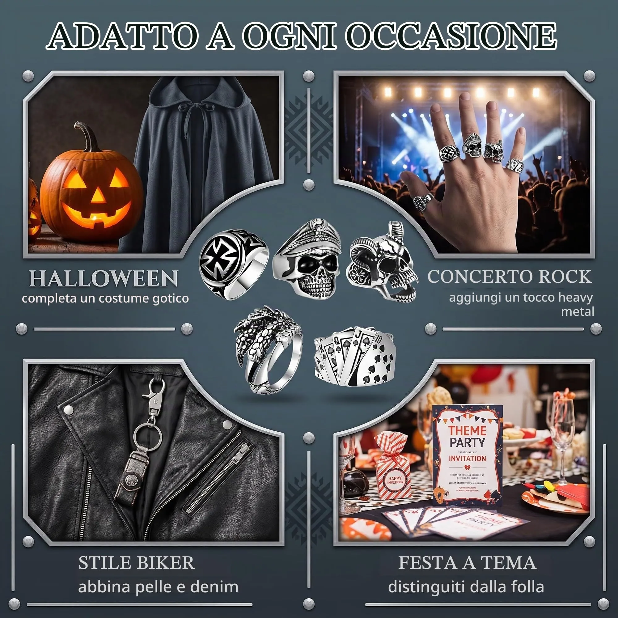 HAGNA 5 Pezzi Regolabili Teschio Anelli Lega, Anello Teschio Anelli Uomo, Punk Hip Hop Skull Halloween Anello, Vintage Gotico Teschio Anello (B) - immagine 5