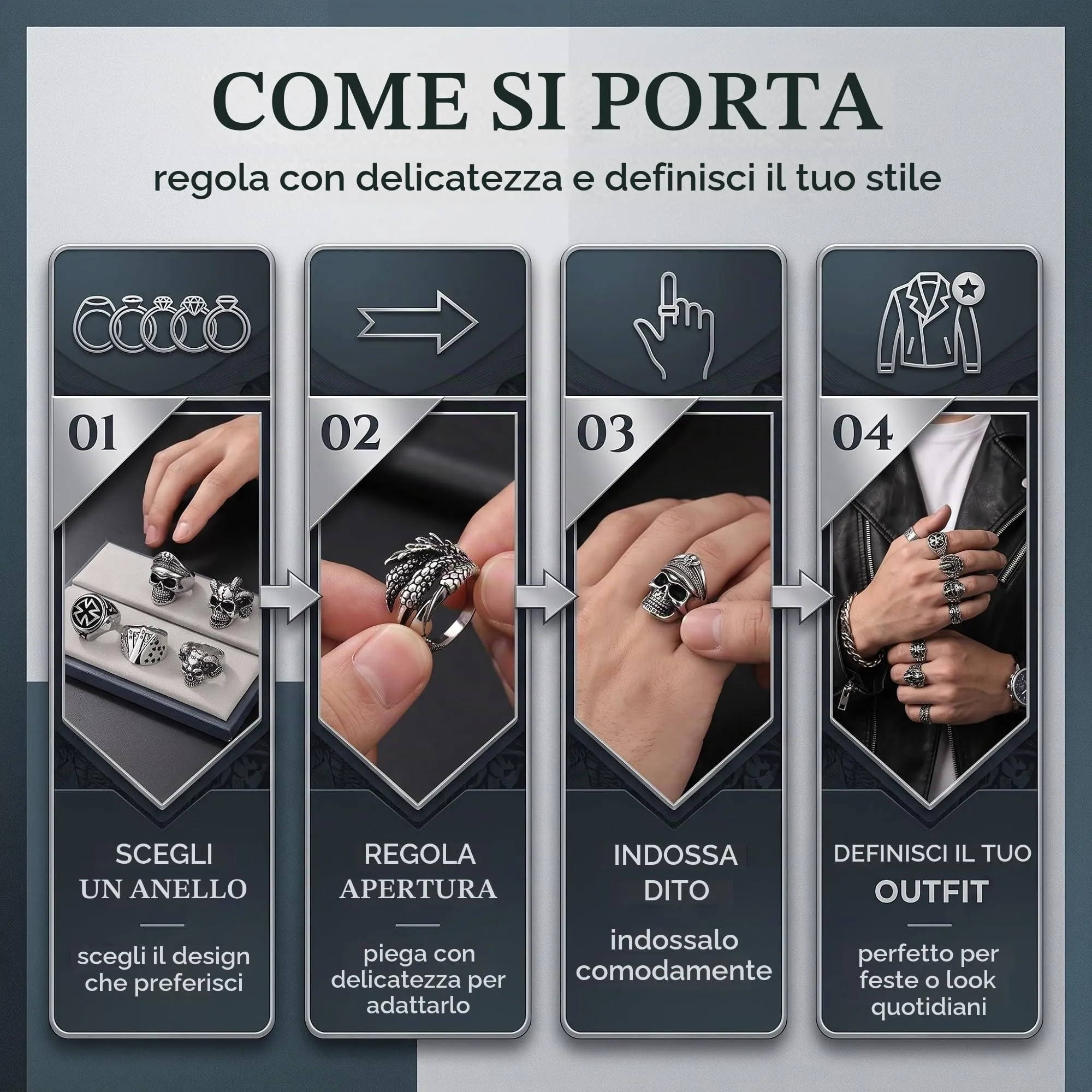 HAGNA 5 Pezzi Regolabili Teschio Anelli Lega, Anello Teschio Anelli Uomo, Punk Hip Hop Skull Halloween Anello, Vintage Gotico Teschio Anello (B) - immagine 6