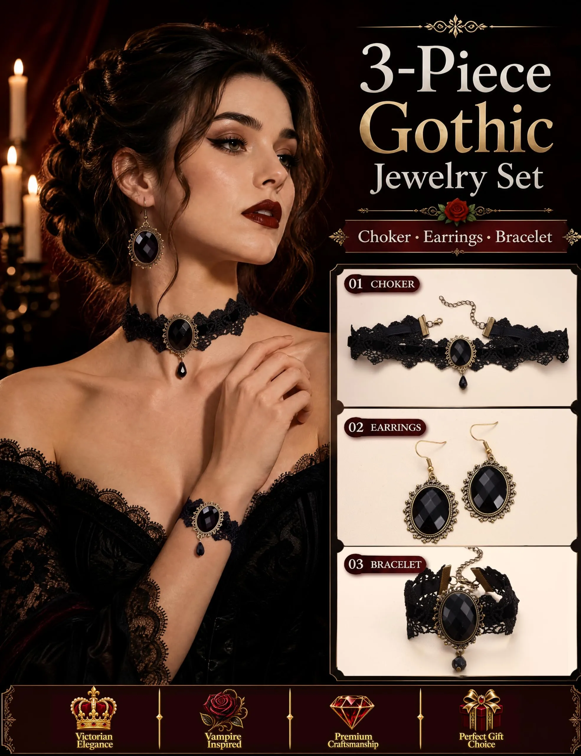 ADRAMATA Gioielli Halloween Collana Vampiro Orecchini Gotici e Bracciale - immagine 2