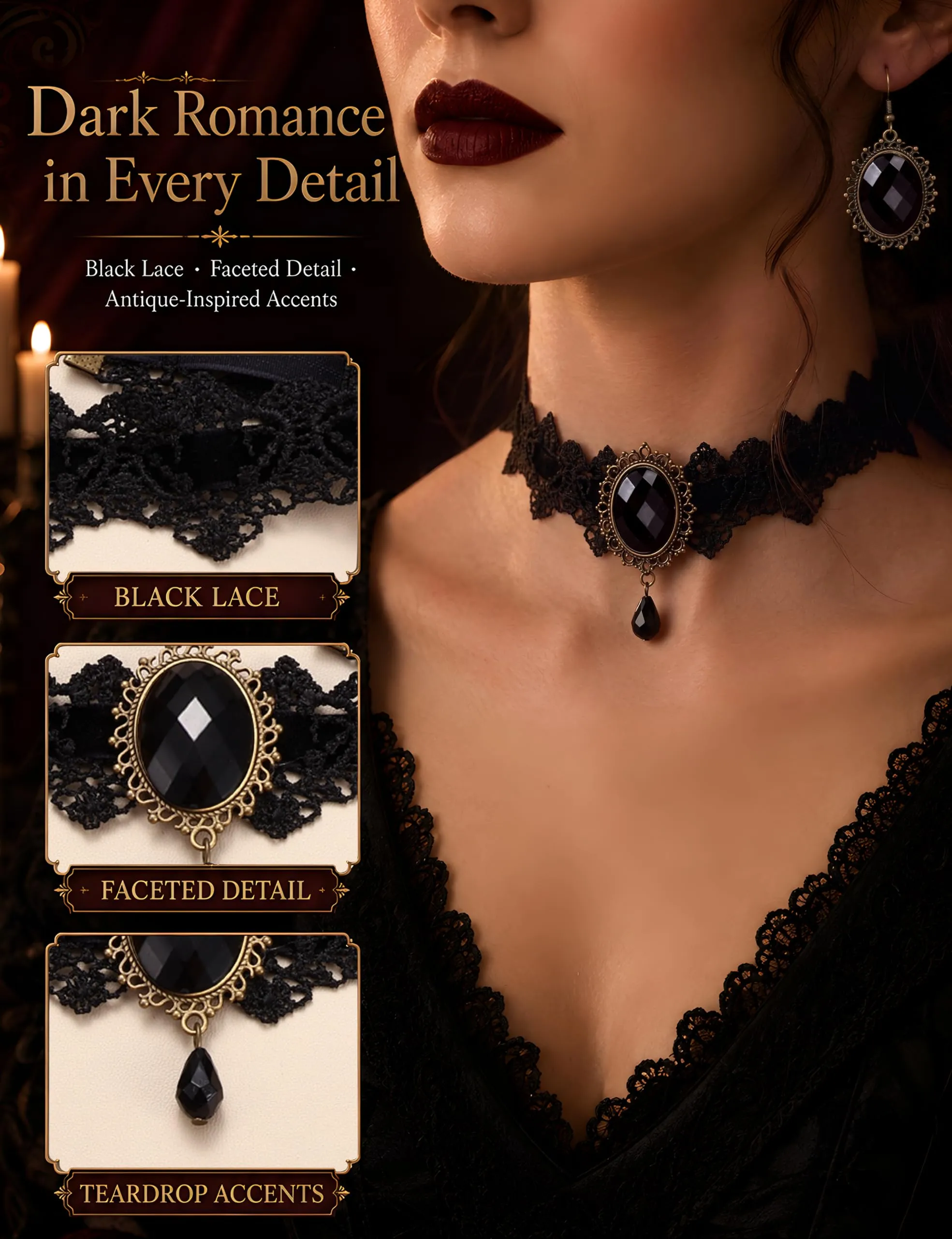 ADRAMATA Gioielli Halloween Collana Vampiro Orecchini Gotici e Bracciale - immagine 3