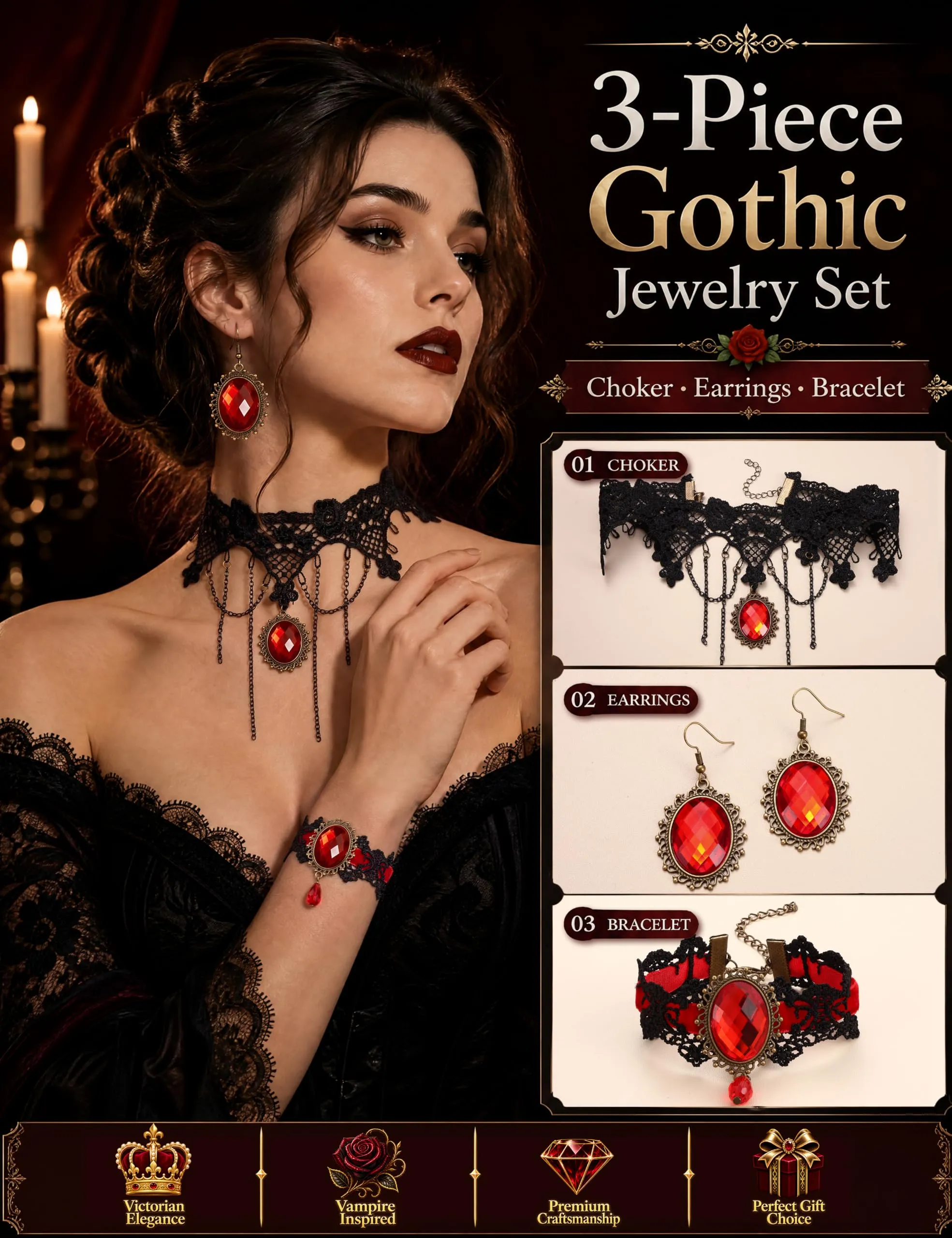 ADRAMATA Gioielli Halloween Collana Vampiro Orecchini Gotici e Bracciale - immagine 2