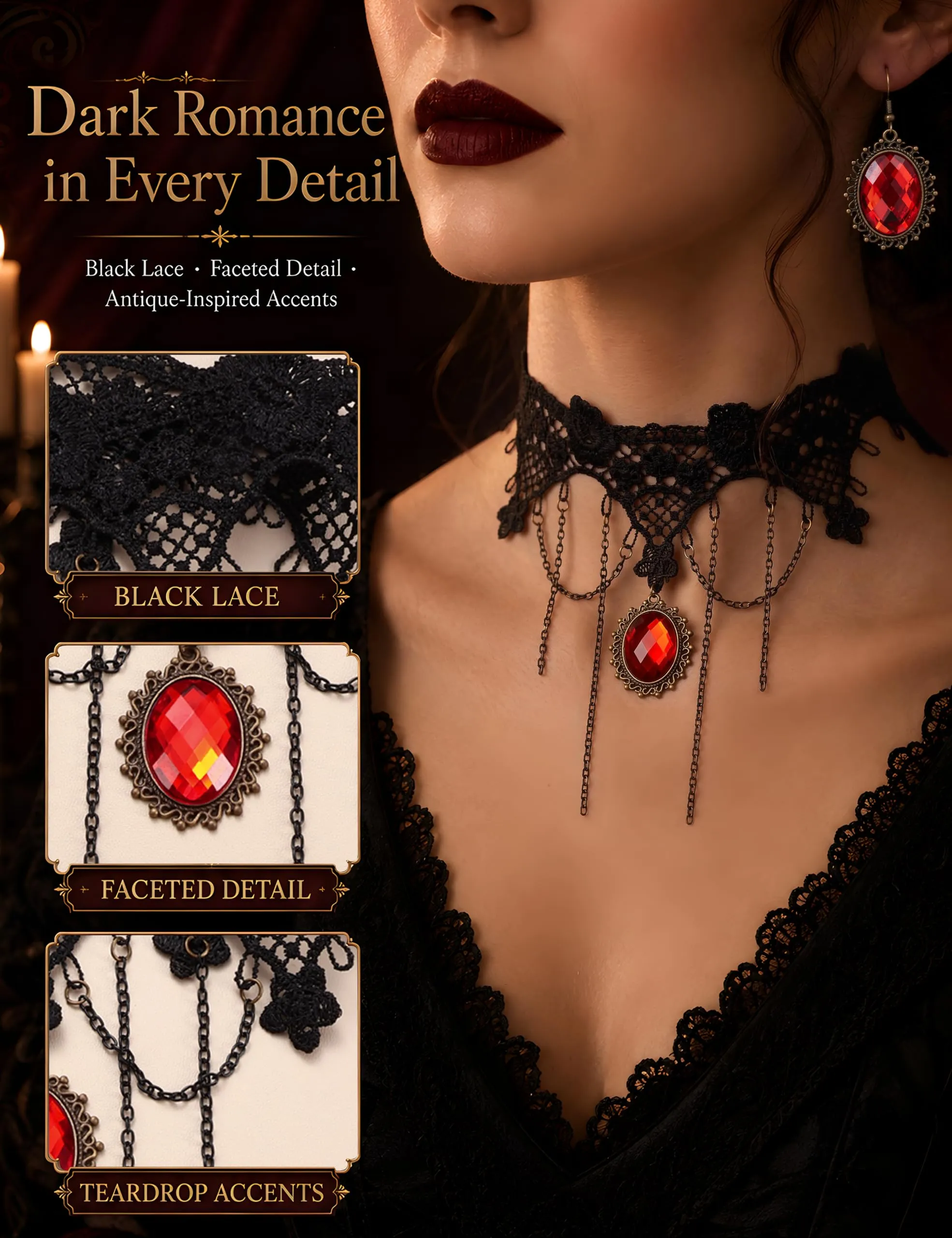 ADRAMATA Gioielli Halloween Collana Vampiro Orecchini Gotici e Bracciale - immagine 3