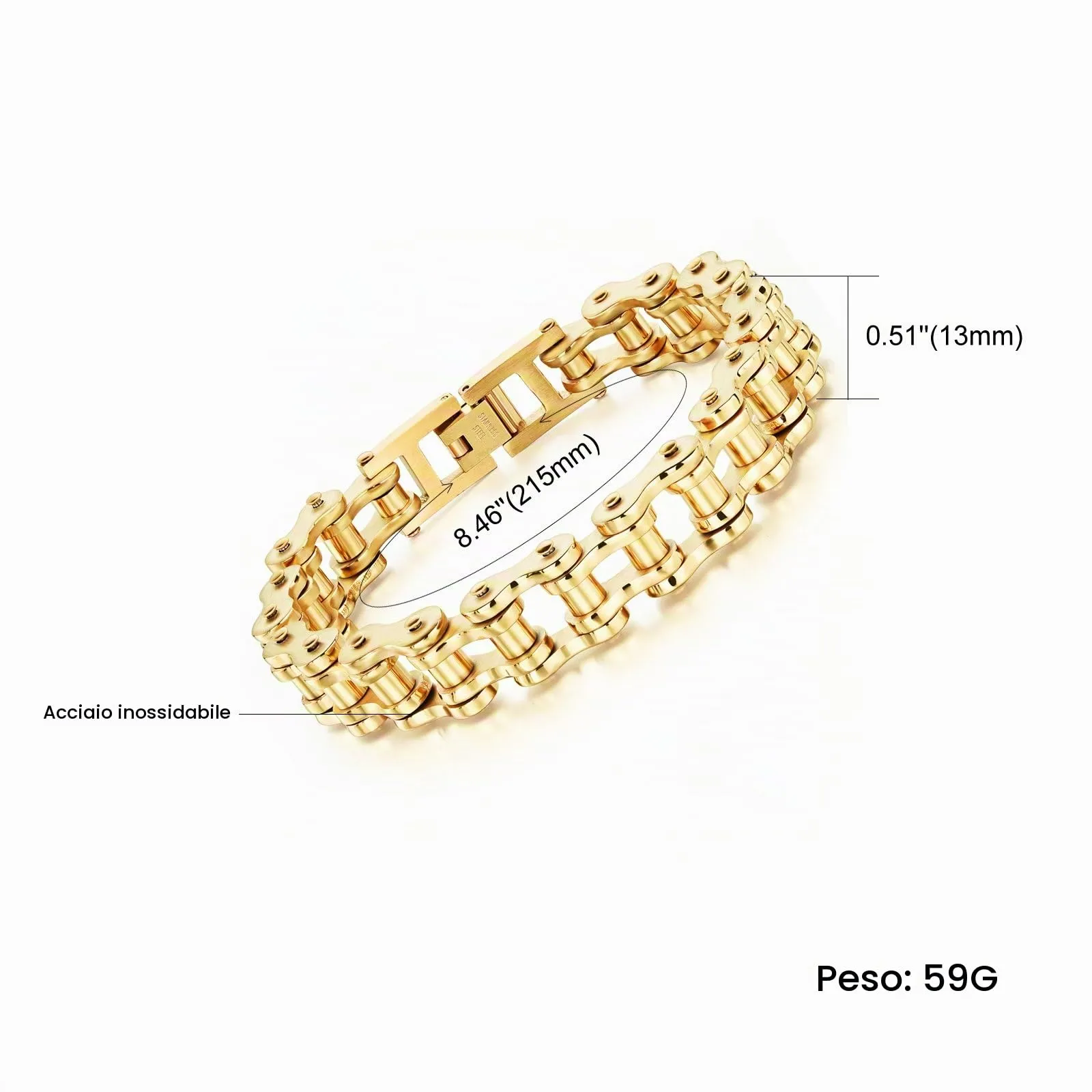 OSTAN Uomo Gioielli Acciaio Inossidabile Cinturino da Motociclista Bracciale Catena della Bicicletta Pesante Braccialetto Bangle (oro, 21.5) - immagine 2