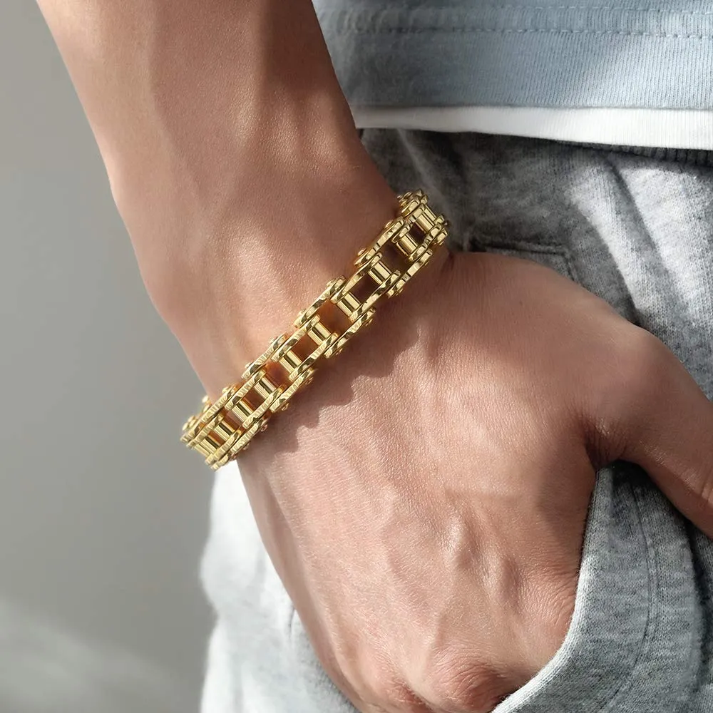 OSTAN Uomo Gioielli Acciaio Inossidabile Cinturino da Motociclista Bracciale Catena della Bicicletta Pesante Braccialetto Bangle (oro, 21.5) - immagine 3