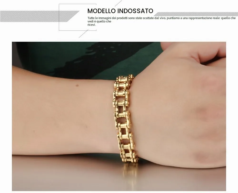OSTAN Uomo Gioielli Acciaio Inossidabile Cinturino da Motociclista Bracciale Catena della Bicicletta Pesante Braccialetto Bangle (oro, 21.5) - immagine 4