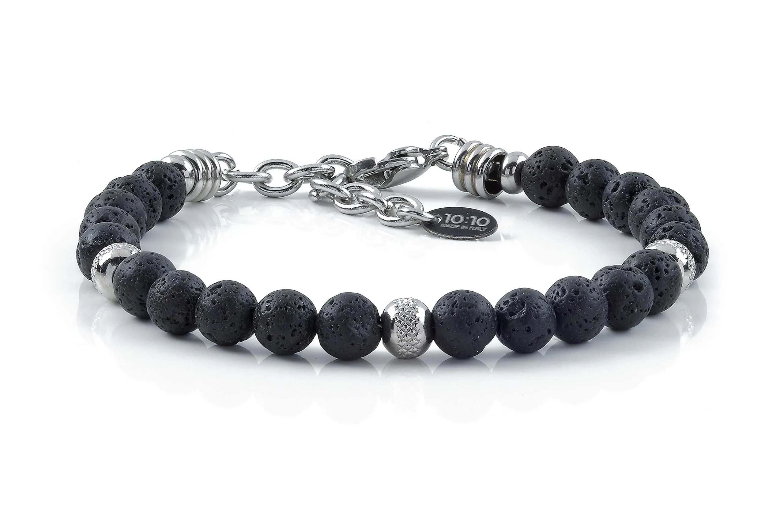 10:10 Bracciale con pietra lavica, beads in acciaio inox, bracciale resistente prodotto in Italia - immagine 2