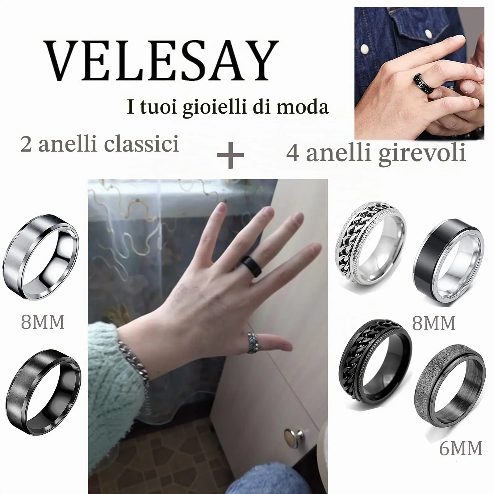 VELESAY 6PCS Anello Uomo Acciaio Inossidabile Vintage Catena Anelli Set Punk Gotico Anello Donna Uomo Nero Anello Donna Nero Acciaio Set Anelli Acciaio Uomo - immagine 6