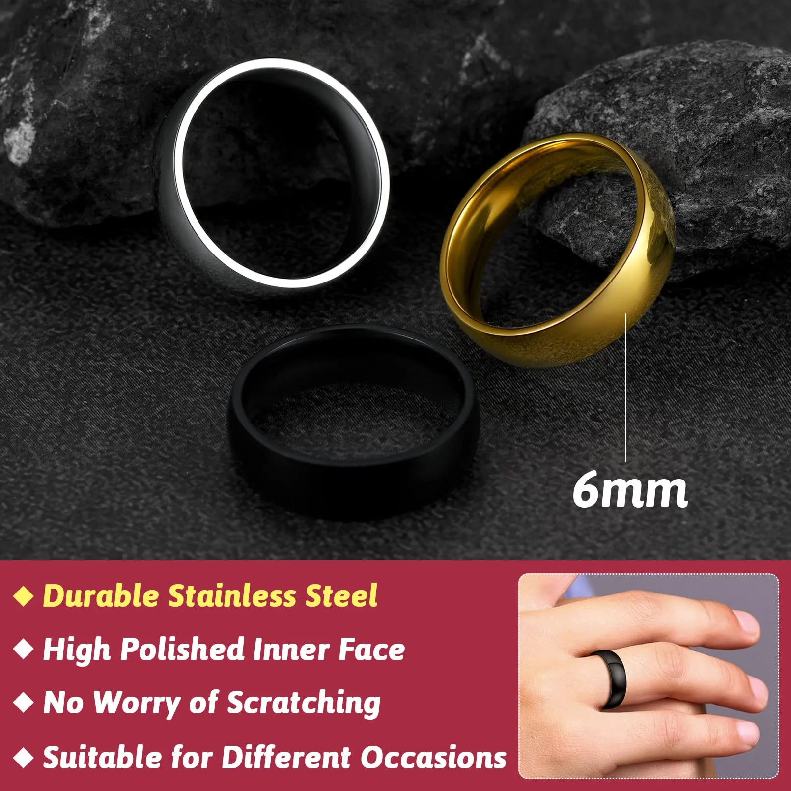 FaithHeart Anello Impilabile Classica per Uomo Donna Larghezza 2/4/6/8 MM Misure Diverse Argento Oro Nero Set di Anelli Fantasia Regalo Compleanno Coppie - immagine 3