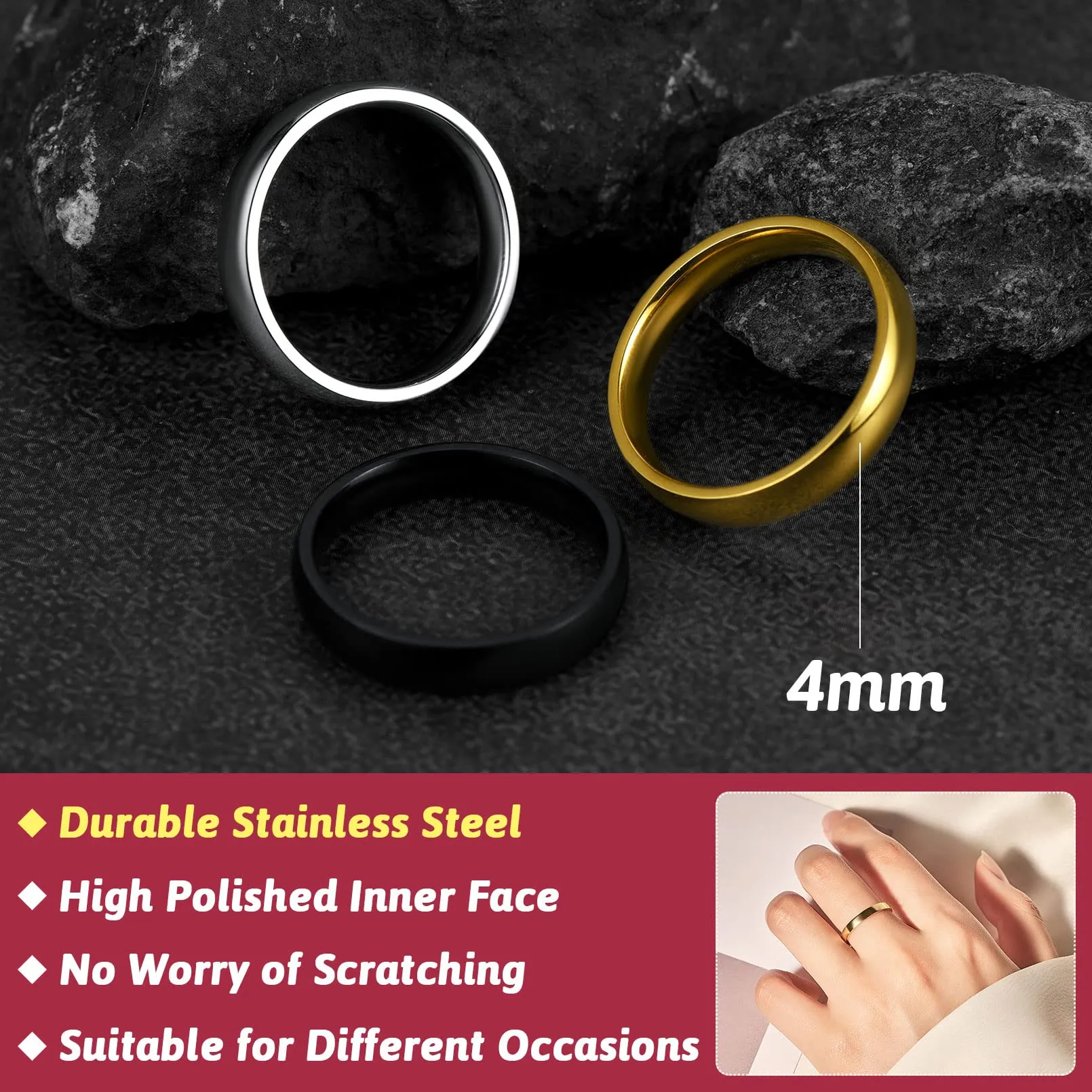 FaithHeart Anello Impilabile Classica per Uomo Donna Larghezza 2/4/6/8 MM Misure Diverse Argento Oro Nero Set di Anelli Fantasia Regalo Compleanno Coppie - immagine 5