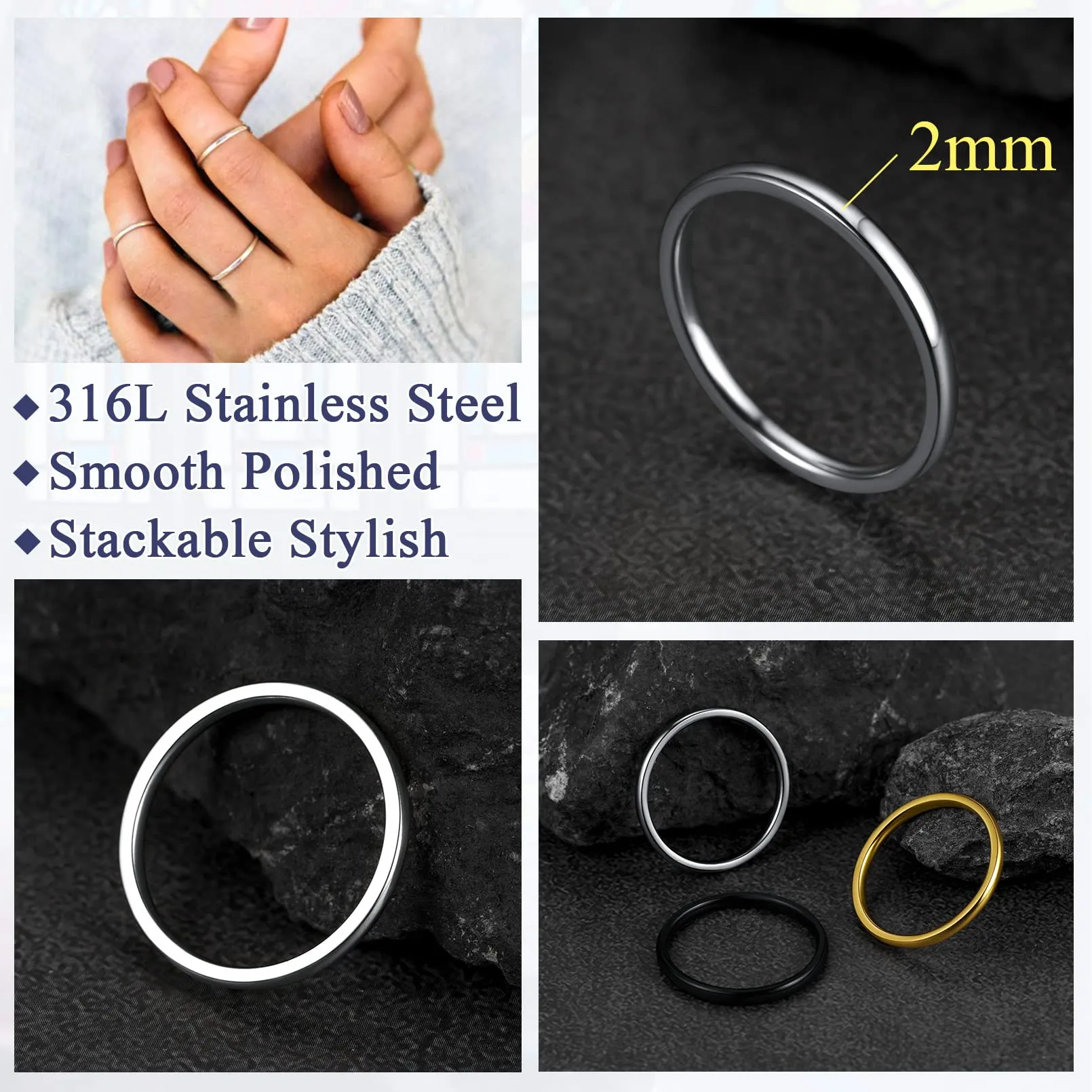 FaithHeart Anello Impilabile Classica per Uomo Donna Larghezza 2/4/6/8 MM Misure Diverse Argento Oro Nero Set di Anelli Fantasia Regalo Compleanno Coppie - immagine 4