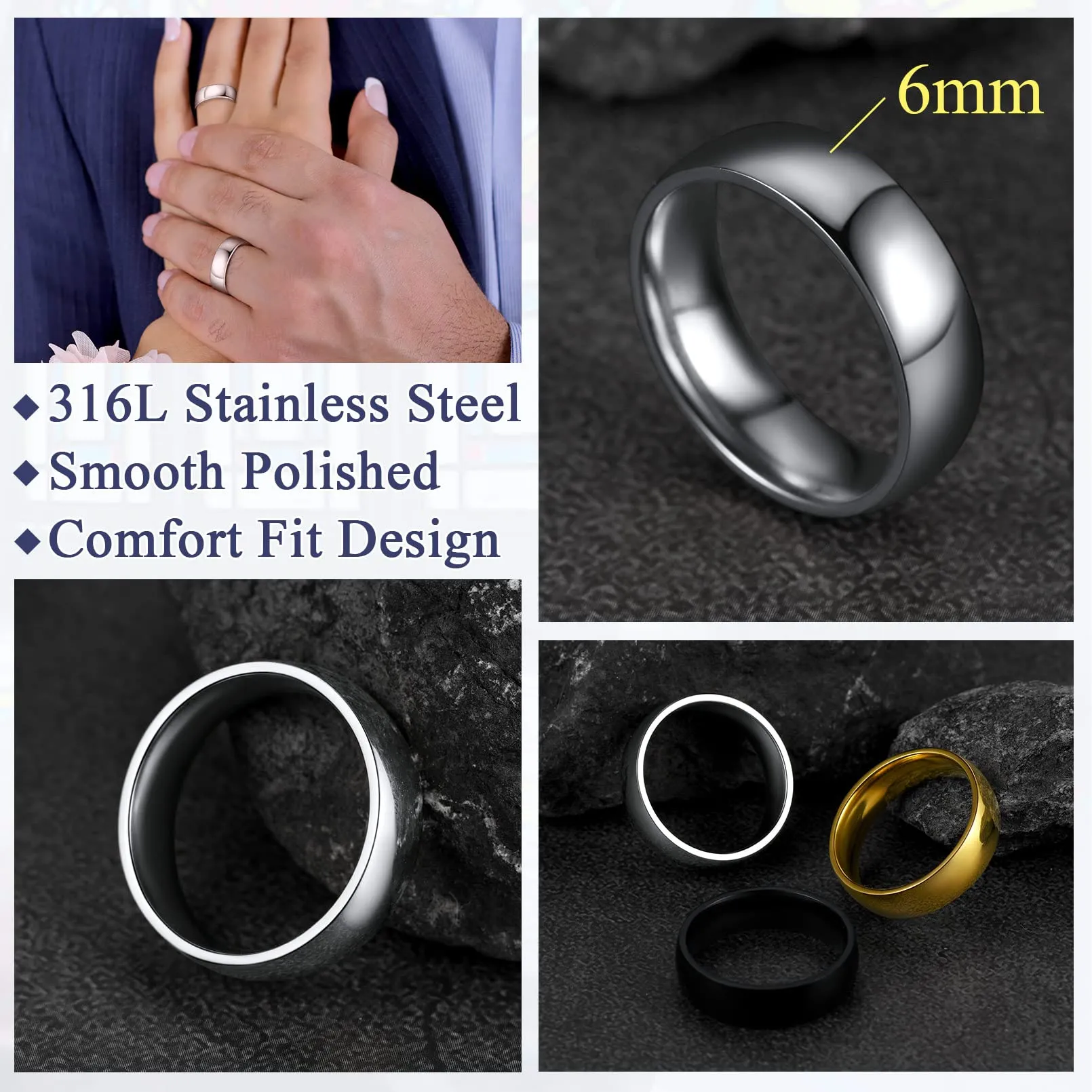 FaithHeart Anello Impilabile Classica per Uomo Donna Larghezza 2/4/6/8 MM Misure Diverse Argento Oro Nero Set di Anelli Fantasia Regalo Compleanno Coppie - immagine 5