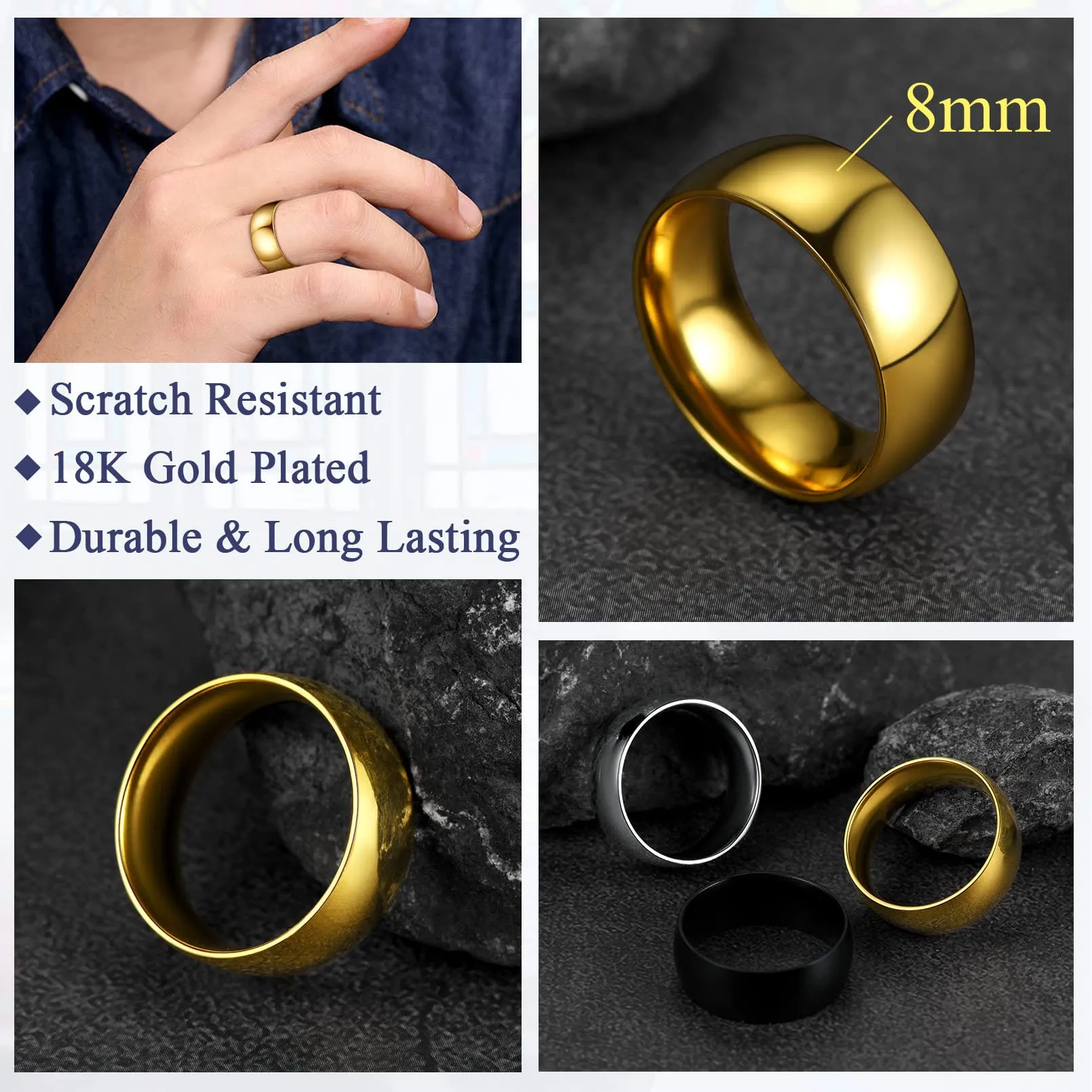 FaithHeart Anello Impilabile Classica per Uomo Donna Larghezza 2/4/6/8 MM Misure Diverse Argento Oro Nero Set di Anelli Fantasia Regalo Compleanno Coppie - immagine 5