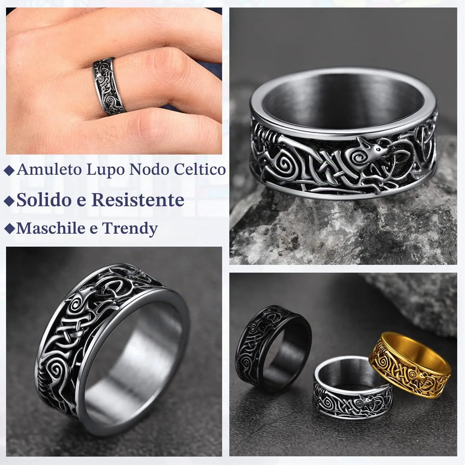 FaithHeart Anello in acciaio inox con testa di lupo peronizzato con anello da dito Rune retrò Viking Wolf con nodo celtico vichingo anello per uomo e uomo, 69, Acciaio inossidabile, Nessuna pietra - immagine 3