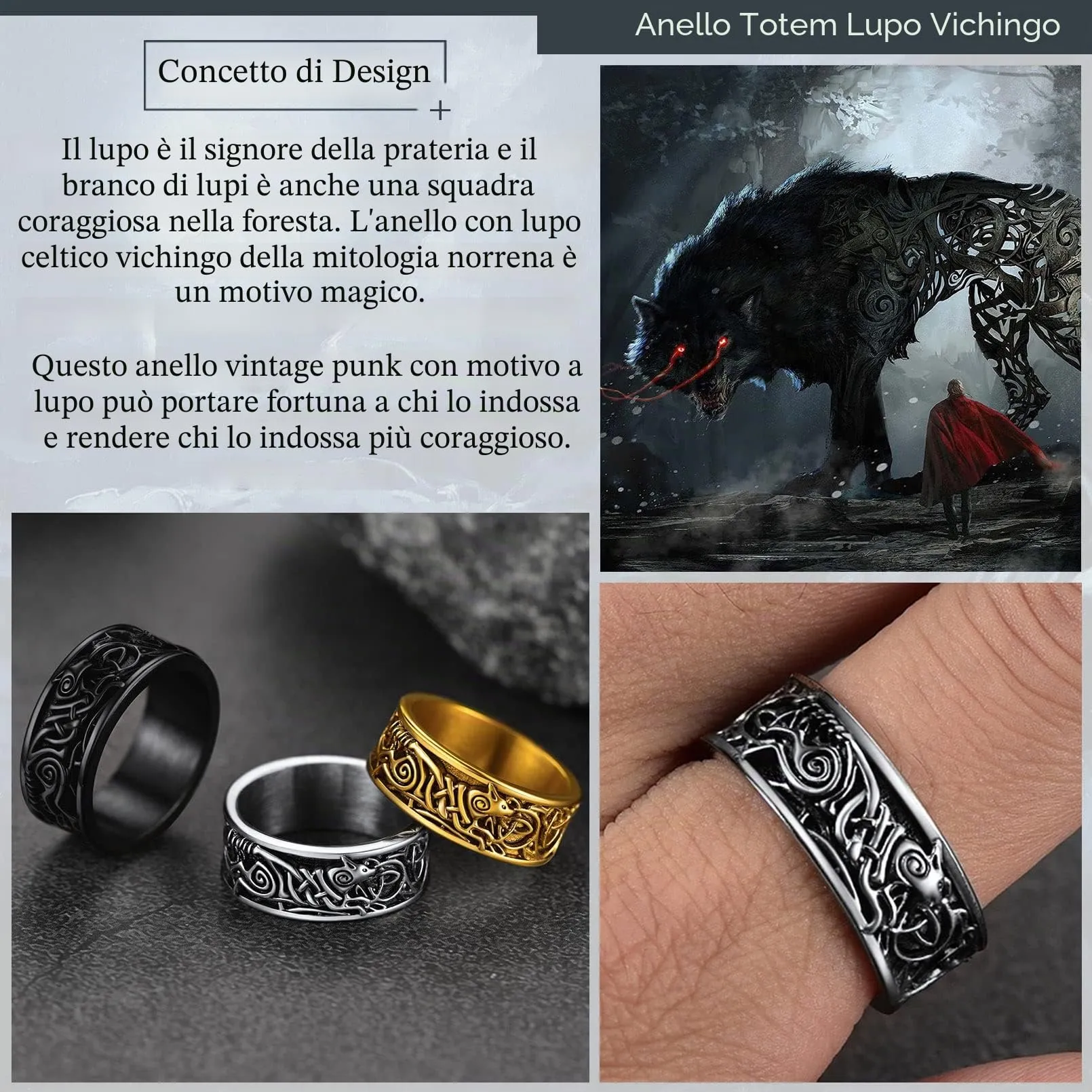 FaithHeart Anello in acciaio inox con testa di lupo peronizzato con anello da dito Rune retrò Viking Wolf con nodo celtico vichingo anello per uomo e uomo, 61.5, Metallo, Nessuna pietra preziosa - immagine 3