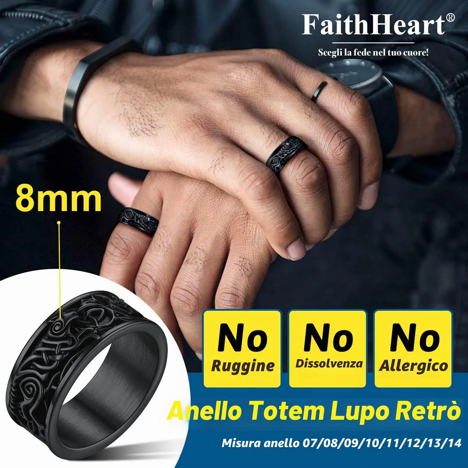 FaithHeart Anello Uomo Totem del Lupo Vichingo Anello in Acciaio Inox Anello Vintage con Runa Retro Anello da Dito con Nodo Celtico Taglia US 7-14 IT 14-32 - immagine 2