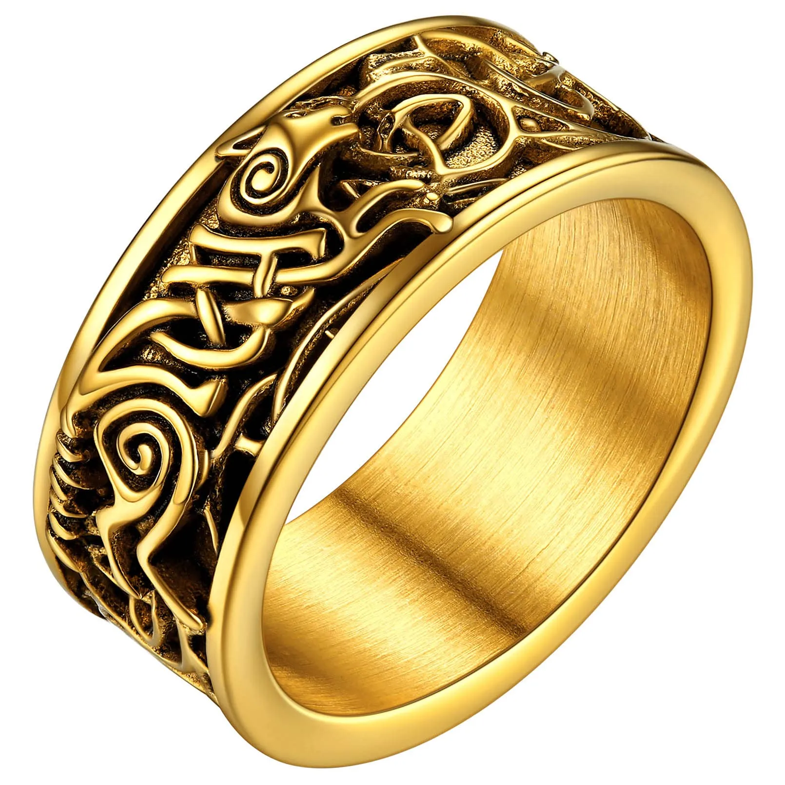FaithHeart Anello Uomo Totem del Lupo Vichingo Anello in Acciaio Inox Anello Vintage con Runa Retro Anello da Dito con Nodo Celtico Taglia US 7-14 IT 14-32 - immagine 1
