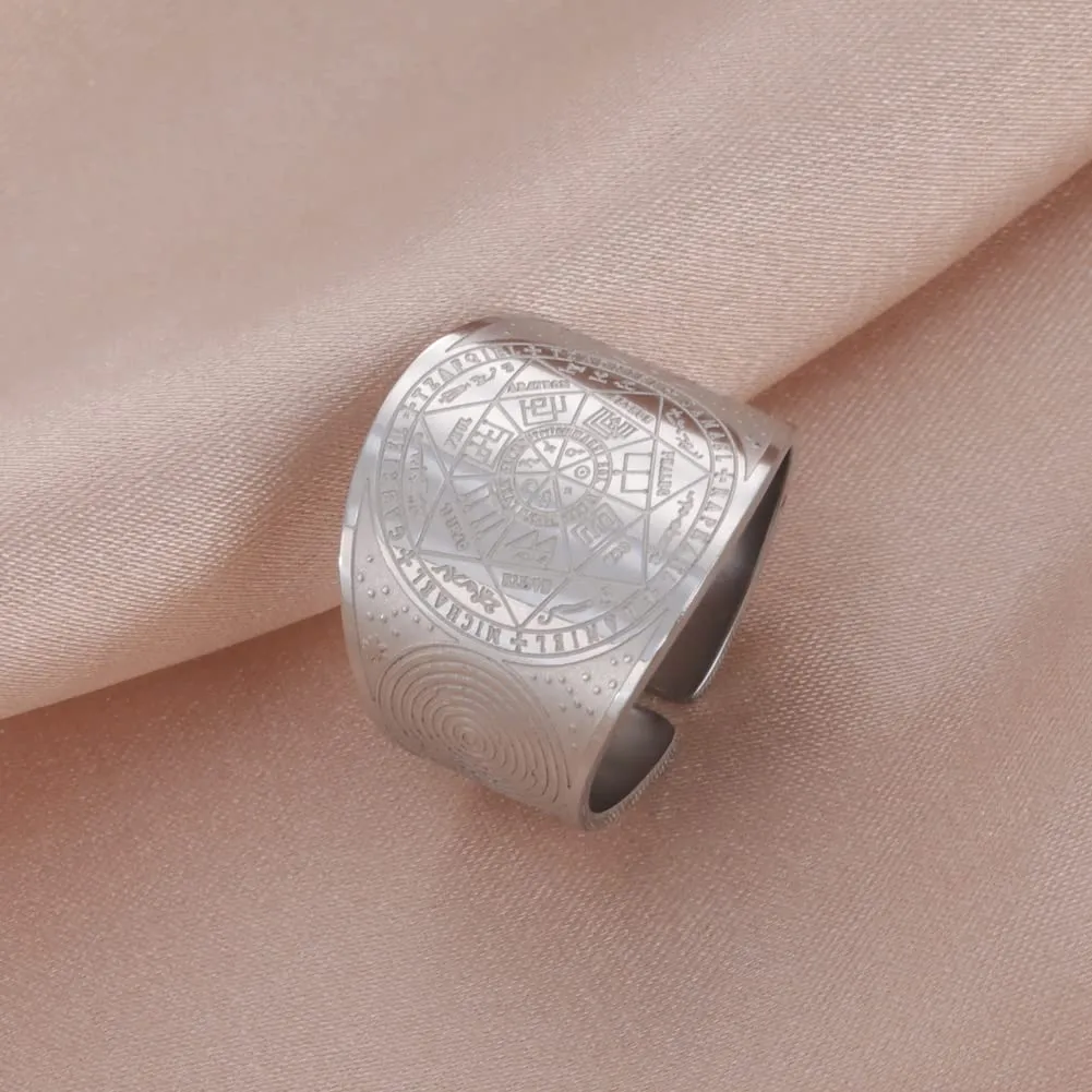 Amaxer Sette Arcangeli Anello per Uomo Cubo di Metatron Acciaio Inossidabile Il Sigillo di Salomone Tetragrammaton Arcangeli Protezione Anello Regolabile Fascia per Uomo Donna - immagine 6