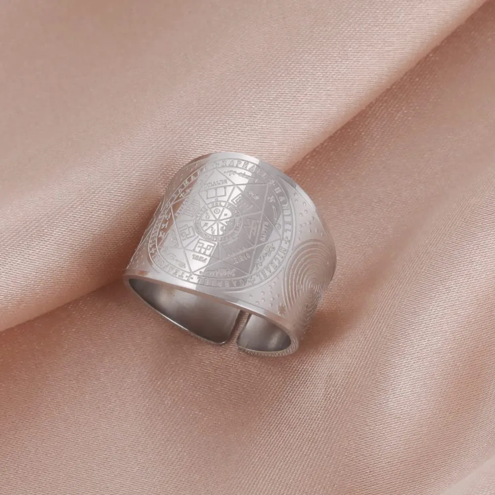 Amaxer Sette Arcangeli Anello per Uomo Cubo di Metatron Acciaio Inossidabile Il Sigillo di Salomone Tetragrammaton Arcangeli Protezione Anello Regolabile Fascia per Uomo Donna - immagine 7