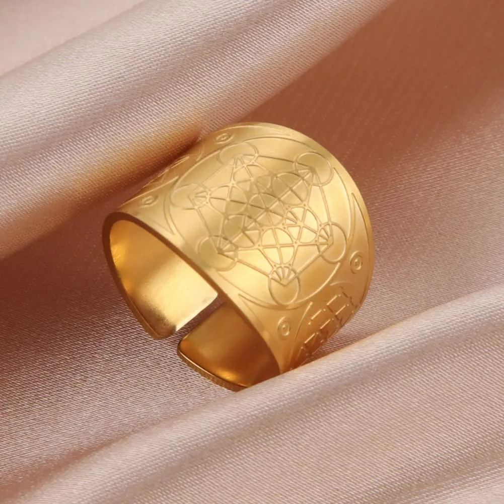 Amaxer Sette Arcangeli Anello per Uomo Cubo di Metatron Acciaio Inossidabile Il Sigillo di Salomone Tetragrammaton Arcangeli Protezione Anello Regolabile Fascia per Uomo Donna - immagine 6