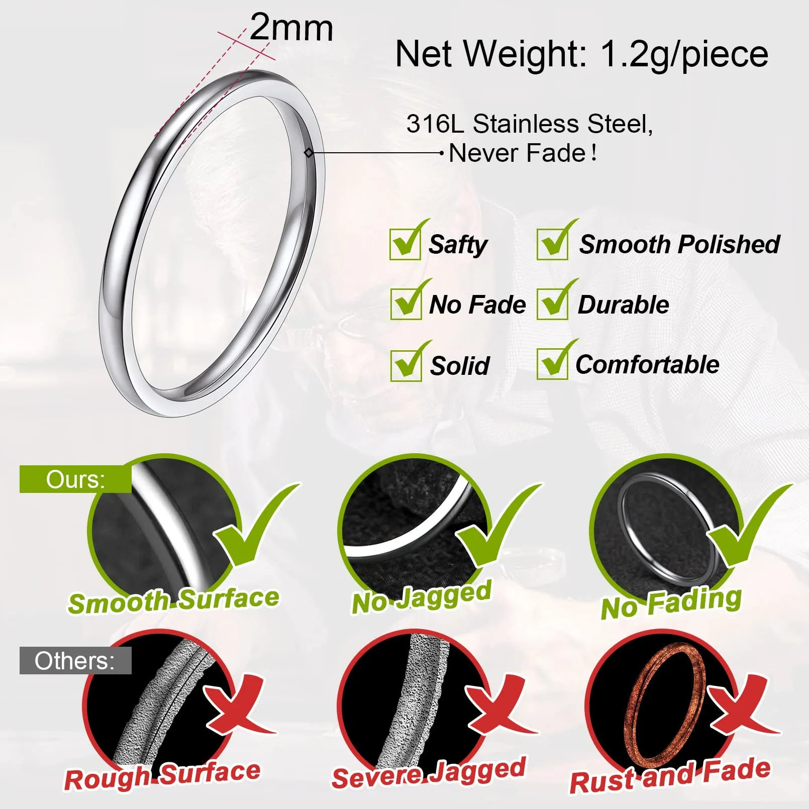 FaithHeart Anello Impilabile Classica per Uomo Donna Larghezza 2/4/6/8 MM Misure Diverse Argento Oro Nero Set di Anelli Fantasia Regalo Compleanno Coppie - immagine 3